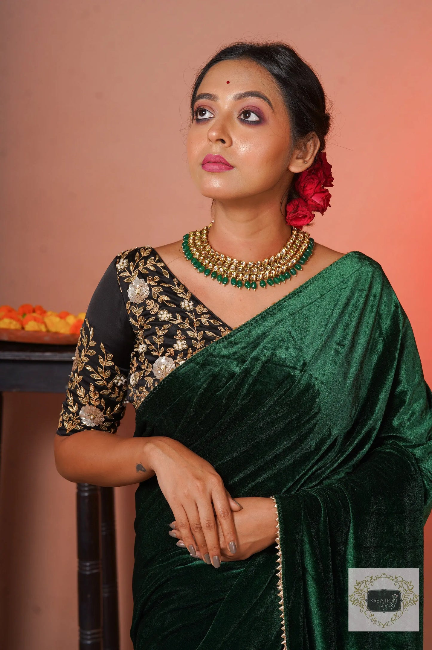 Green Velvet Taj Mahal Saree kreationbykj
