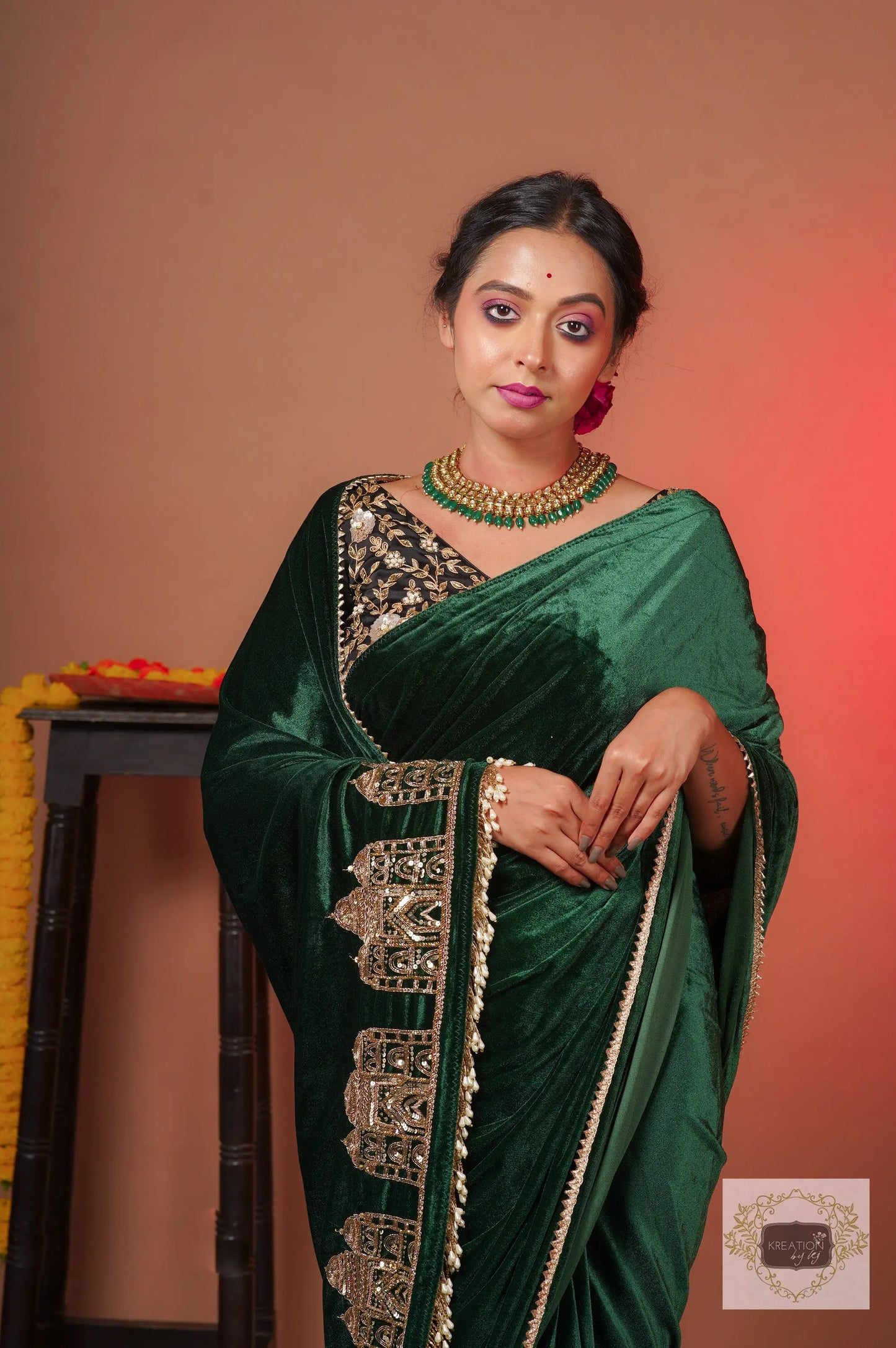 Green Velvet Taj Mahal Saree kreationbykj