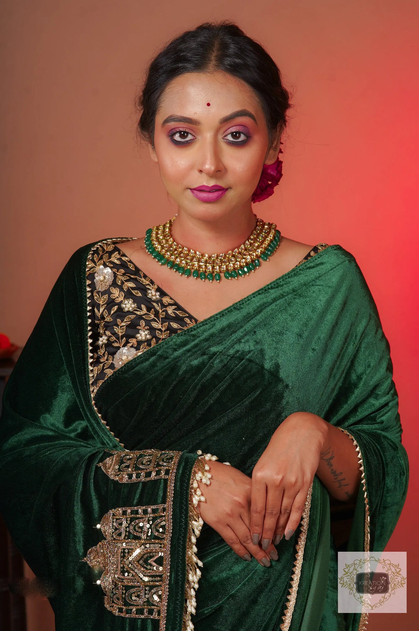 Green Velvet Taj Mahal Saree kreationbykj