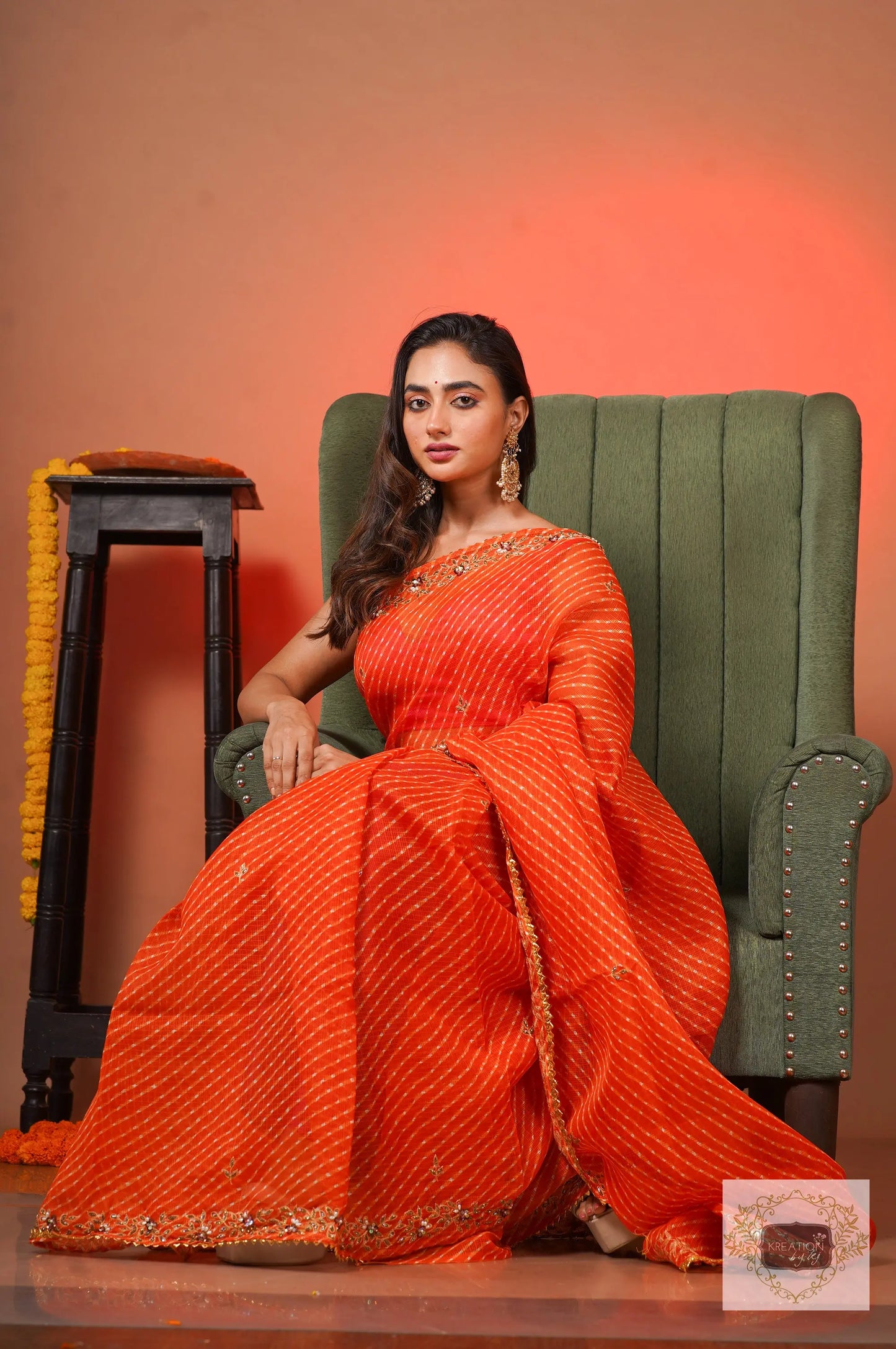 Orange Leheriya Chandani Saree kreationbykj