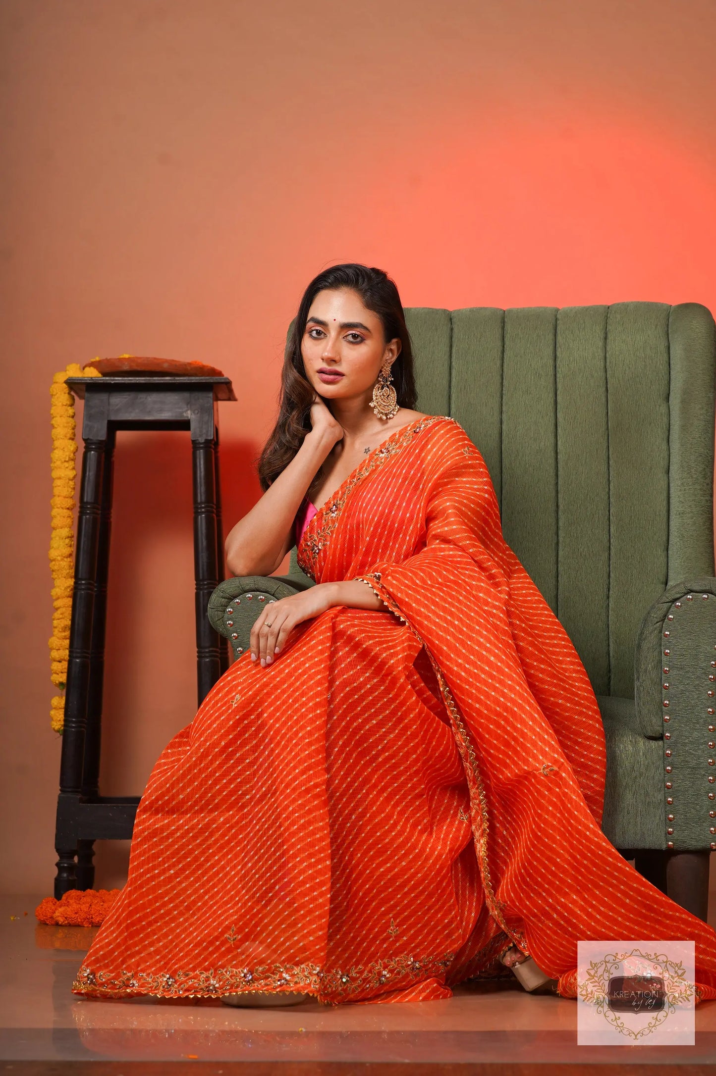 Orange Leheriya Chandani Saree kreationbykj