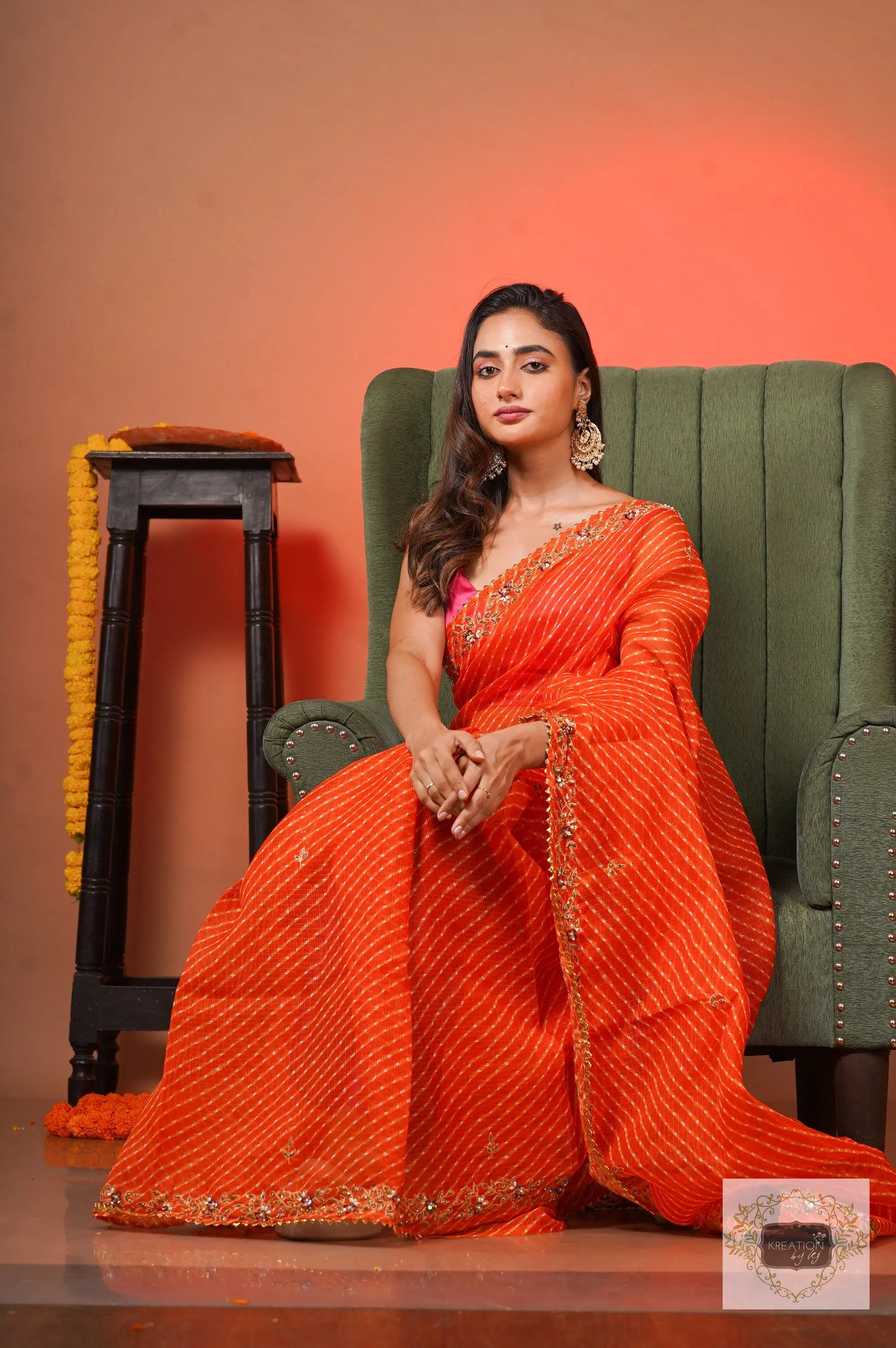 Orange Leheriya Chandani Saree kreationbykj