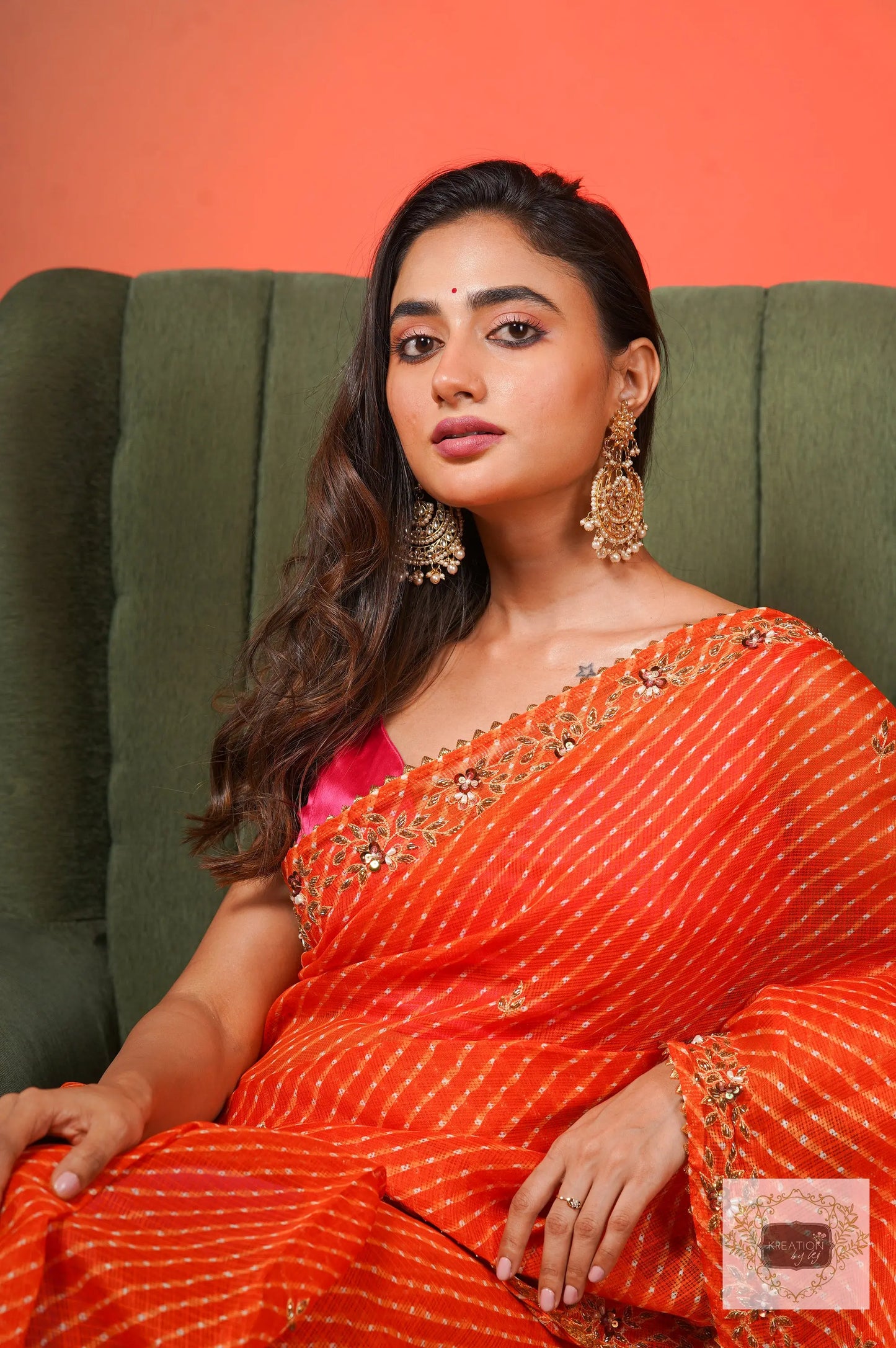 Orange Leheriya Chandani Saree kreationbykj