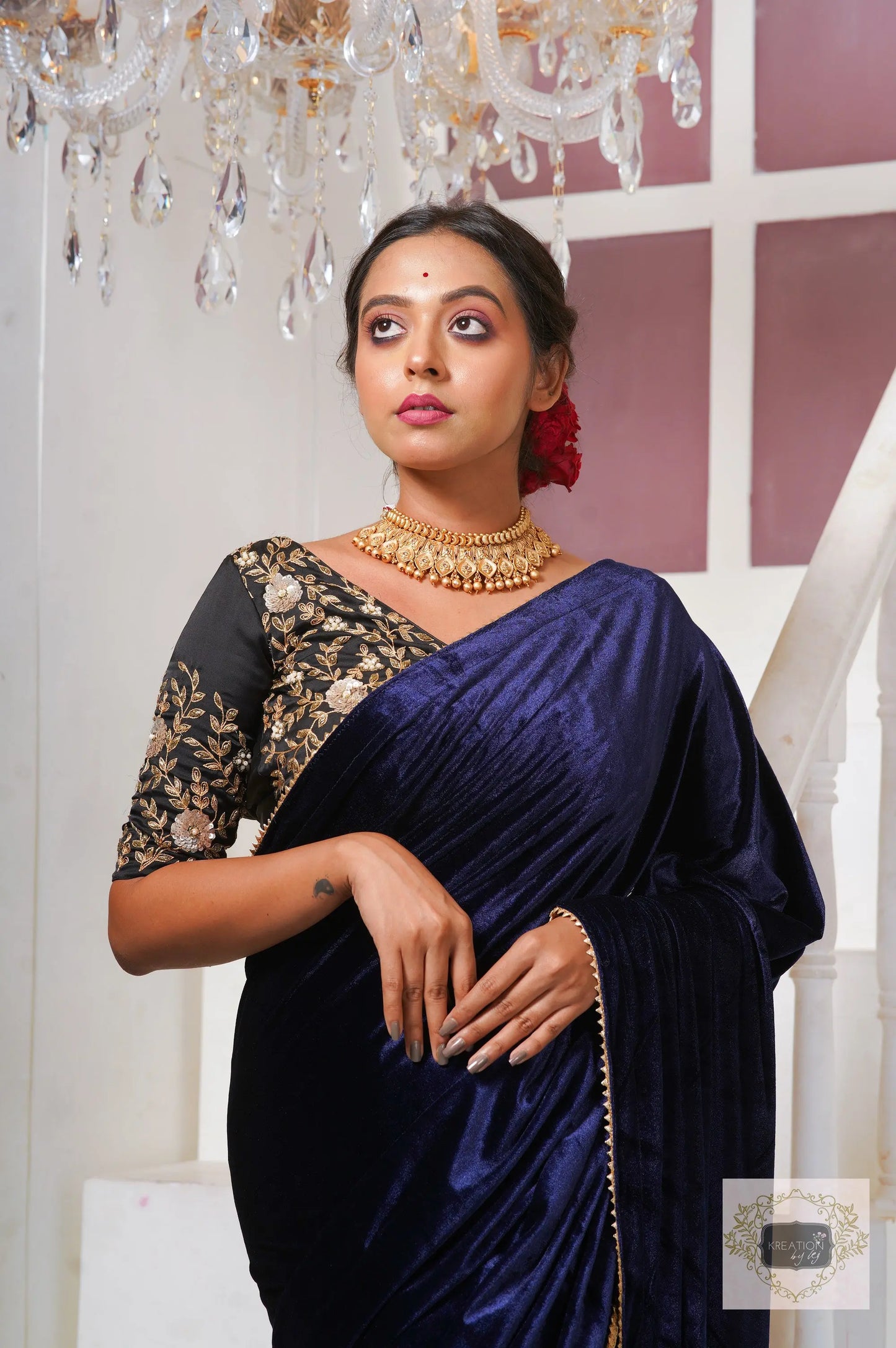 Navy Blue Velvet Taj Mahal Saree kreationbykj