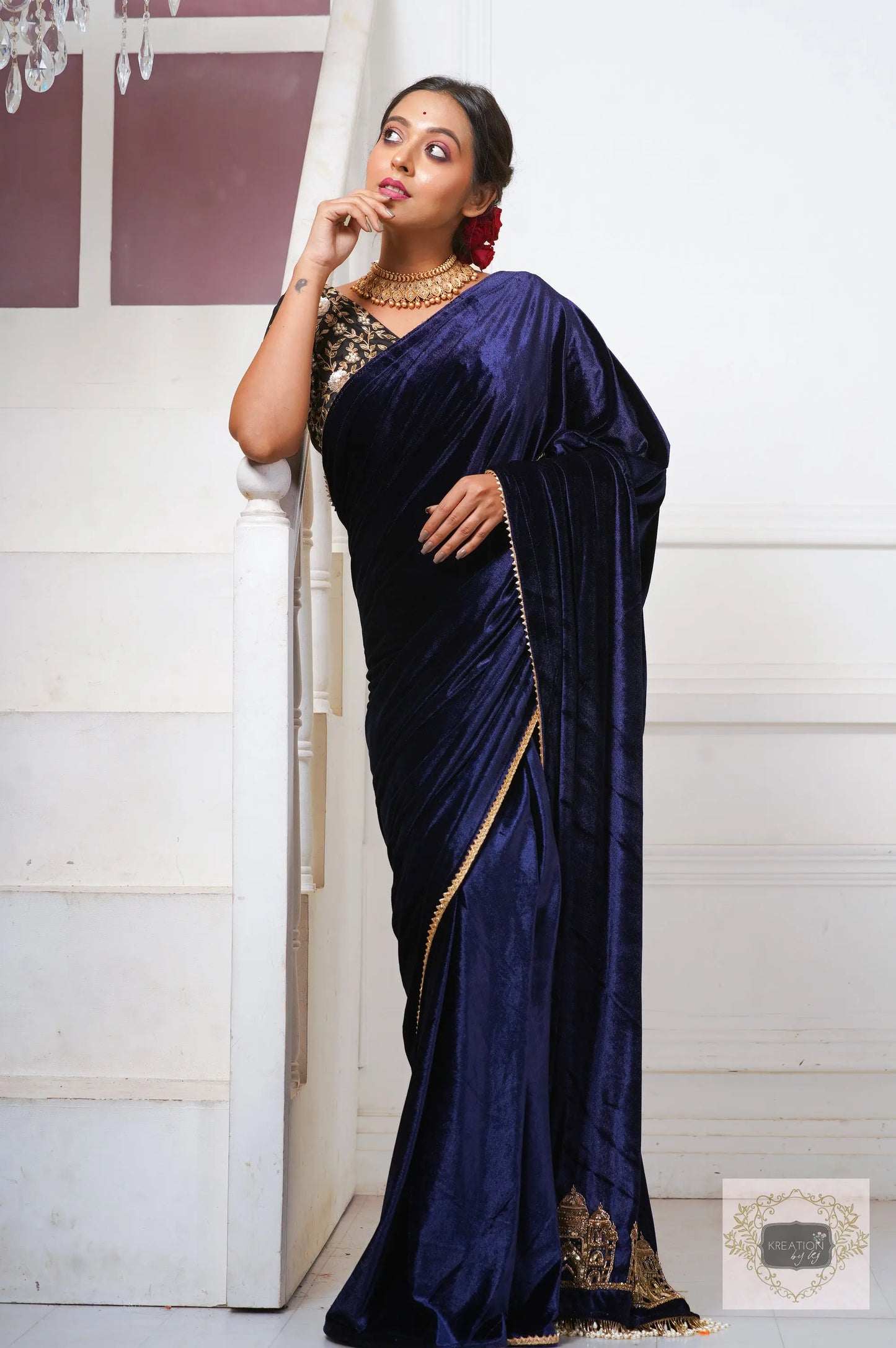 Navy Blue Velvet Taj Mahal Saree kreationbykj
