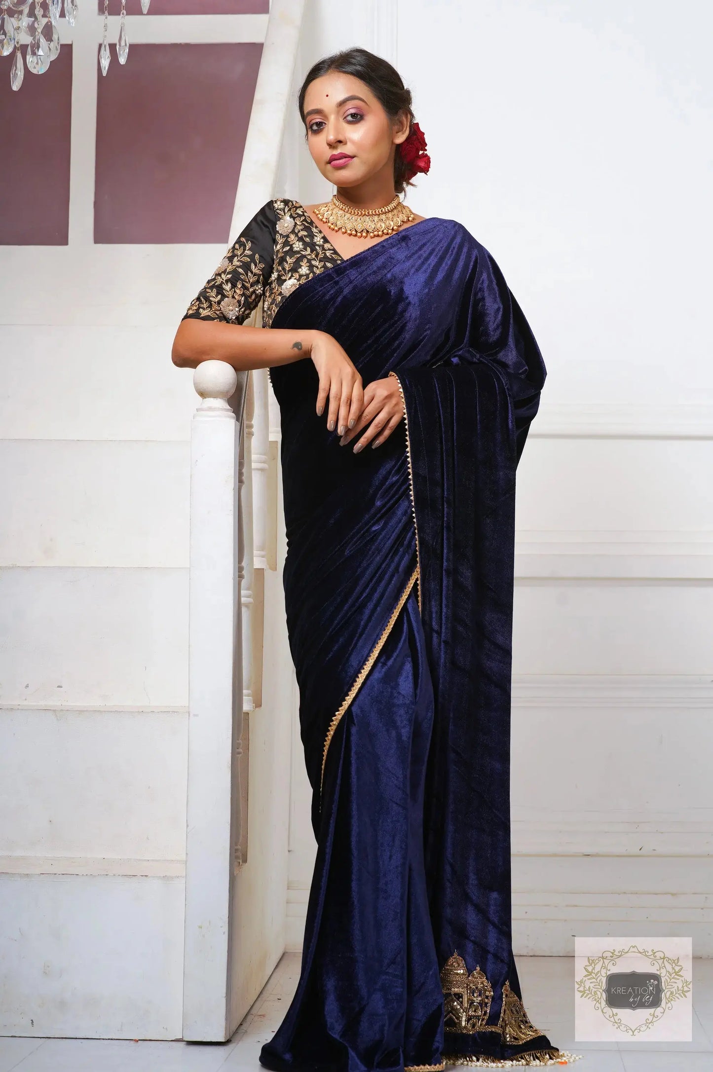 Navy Blue Velvet Taj Mahal Saree kreationbykj