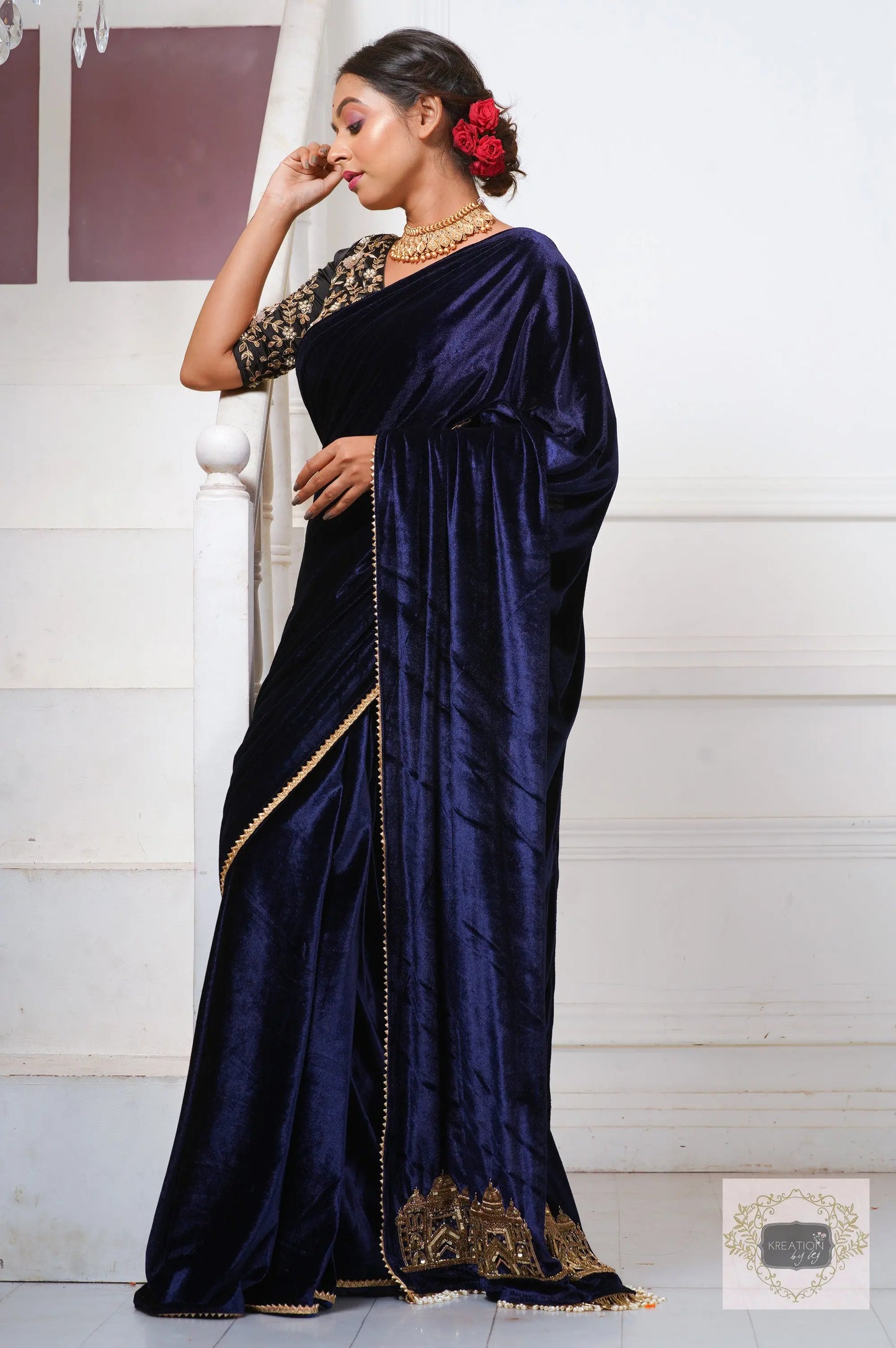 Navy Blue Velvet Taj Mahal Saree kreationbykj