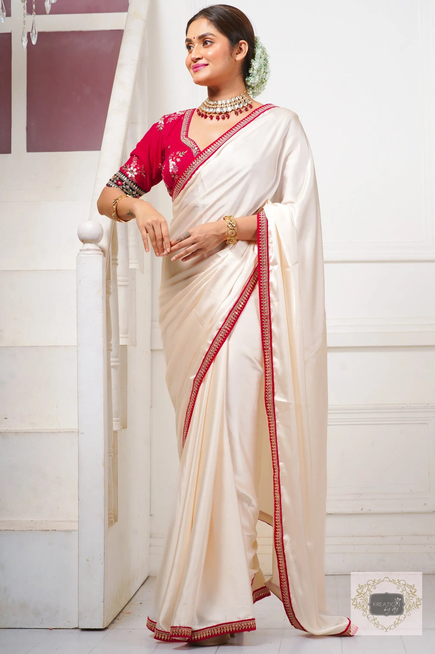 Doodhe Alta Satin Silk Saree with Border kreationbykj