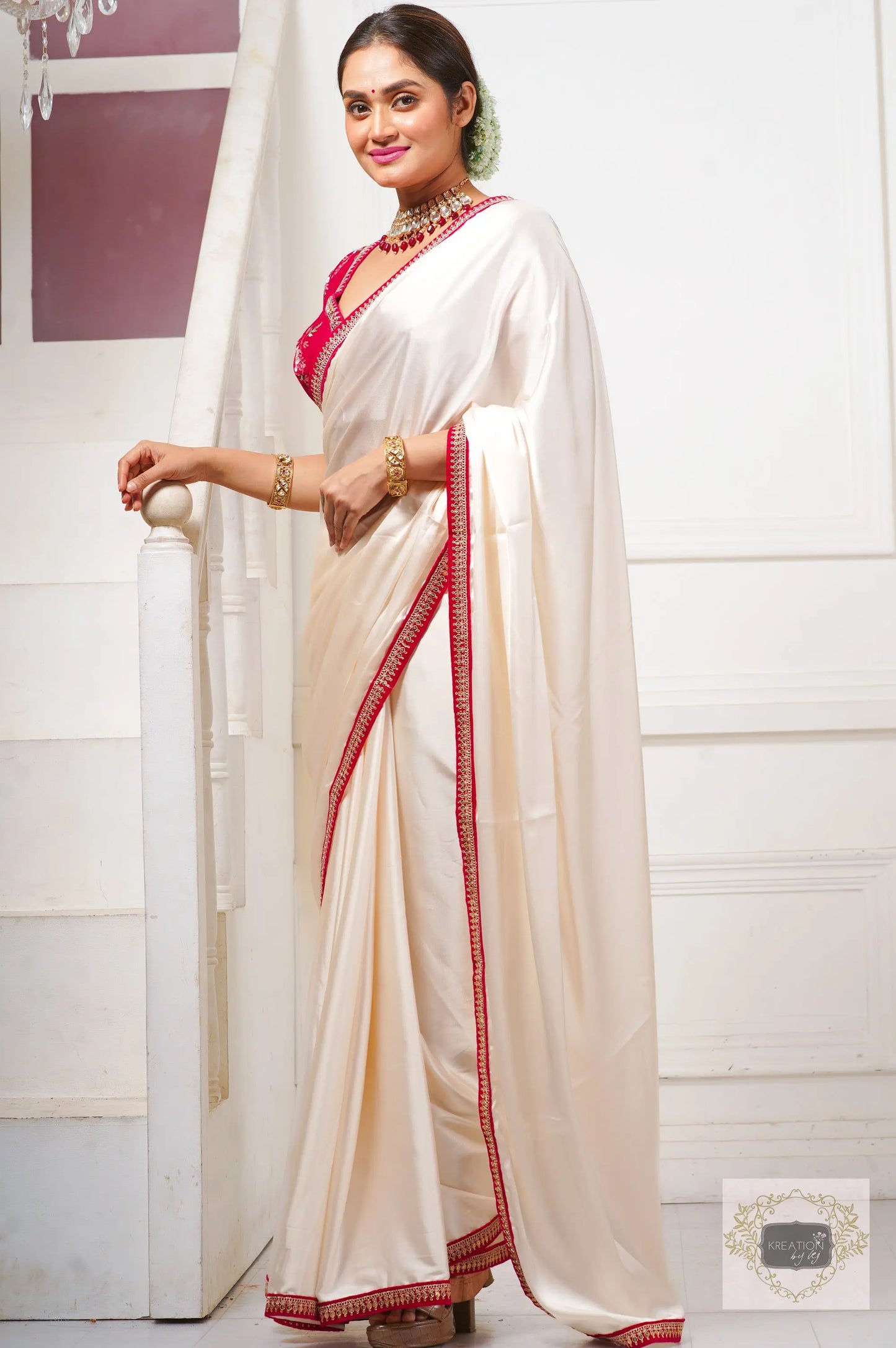 Doodhe Alta Satin Silk Saree with Border kreationbykj