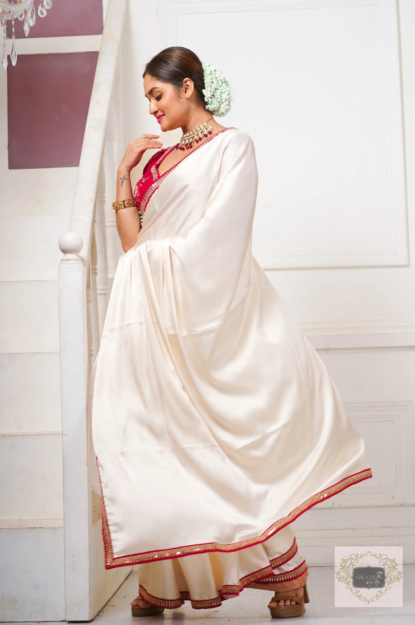 Doodhe Alta Satin Silk Saree with Border kreationbykj