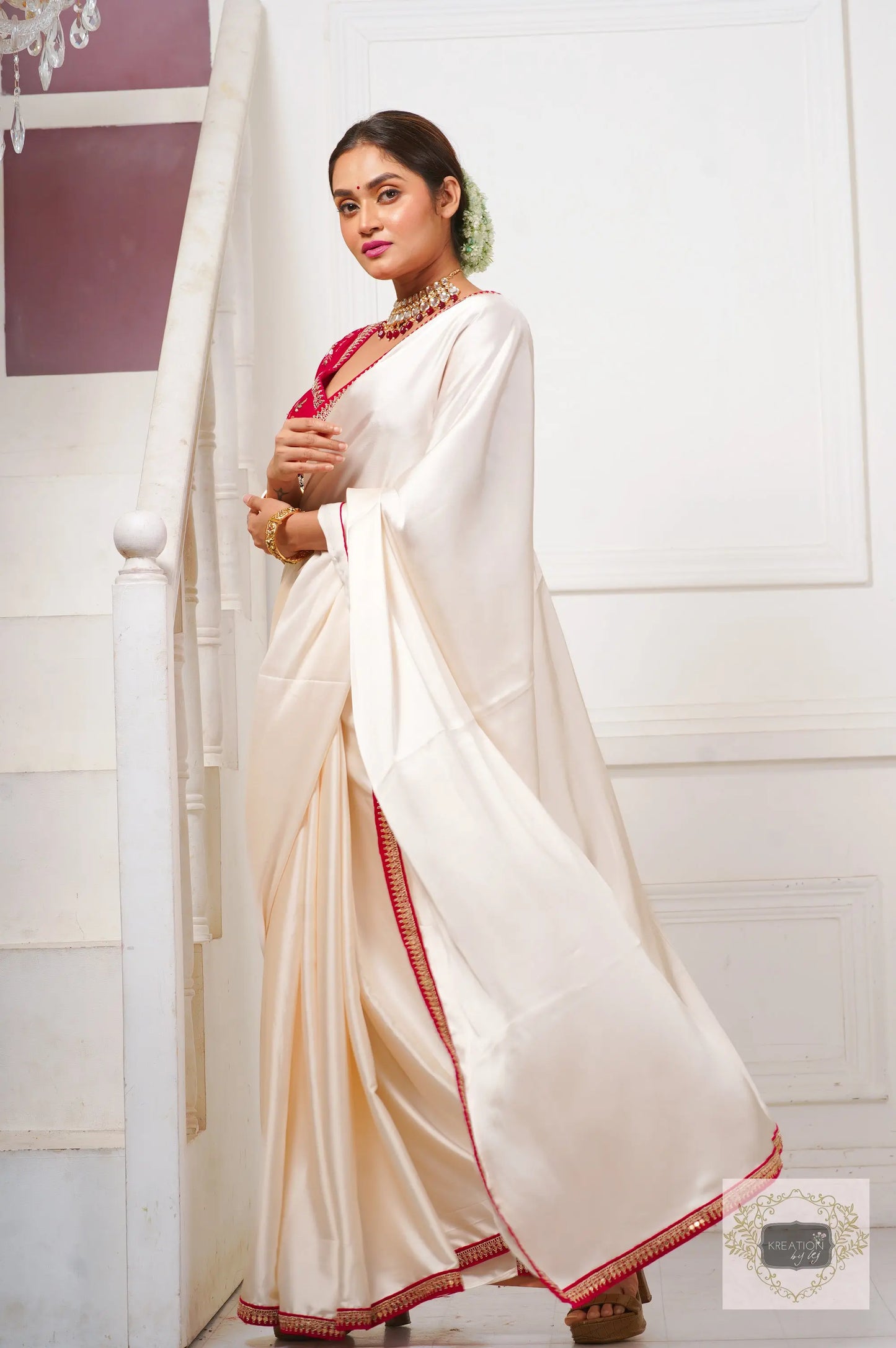 Doodhe Alta Satin Silk Saree with Border kreationbykj