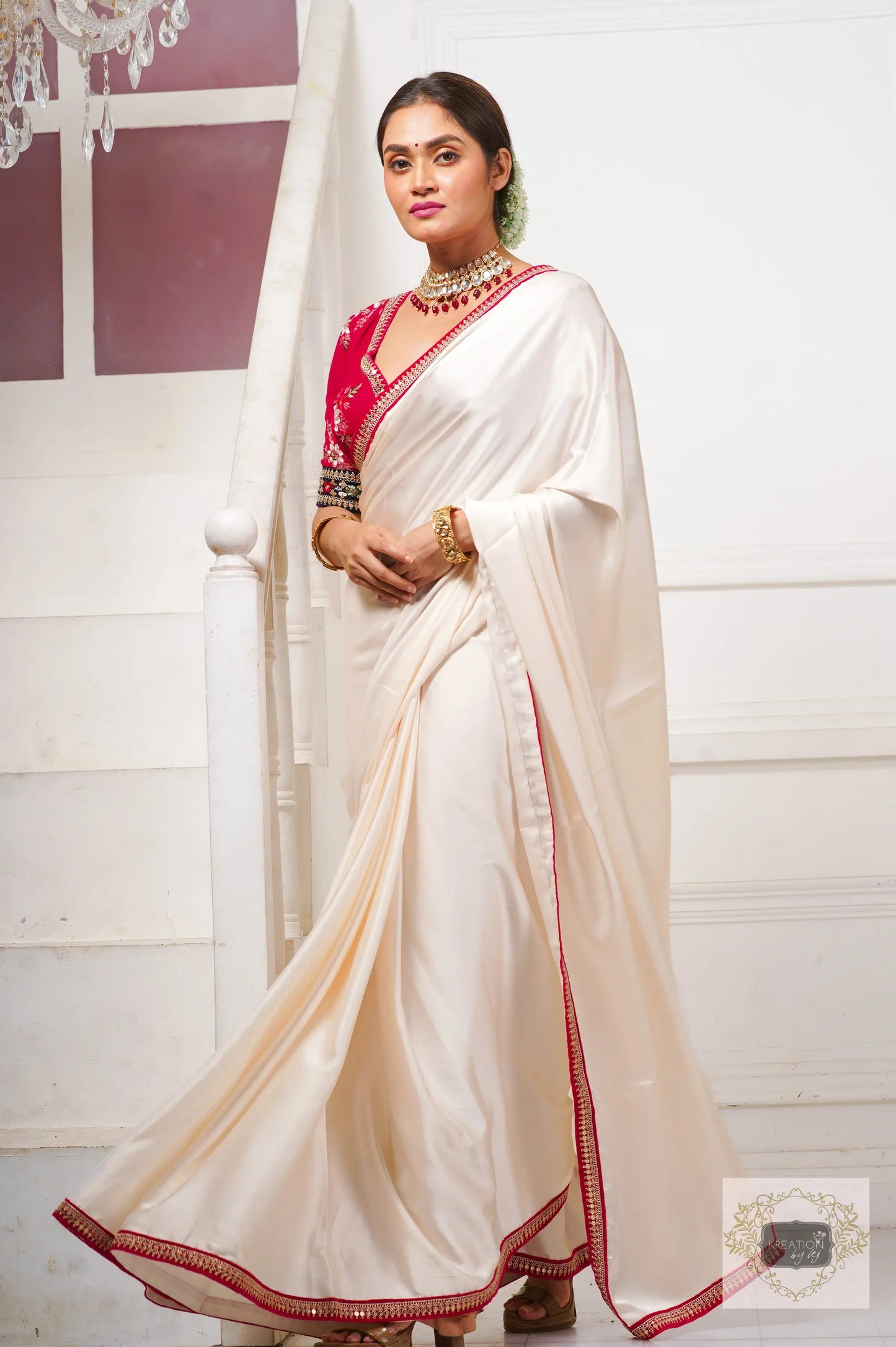 Doodhe Alta Satin Silk Saree with Border kreationbykj