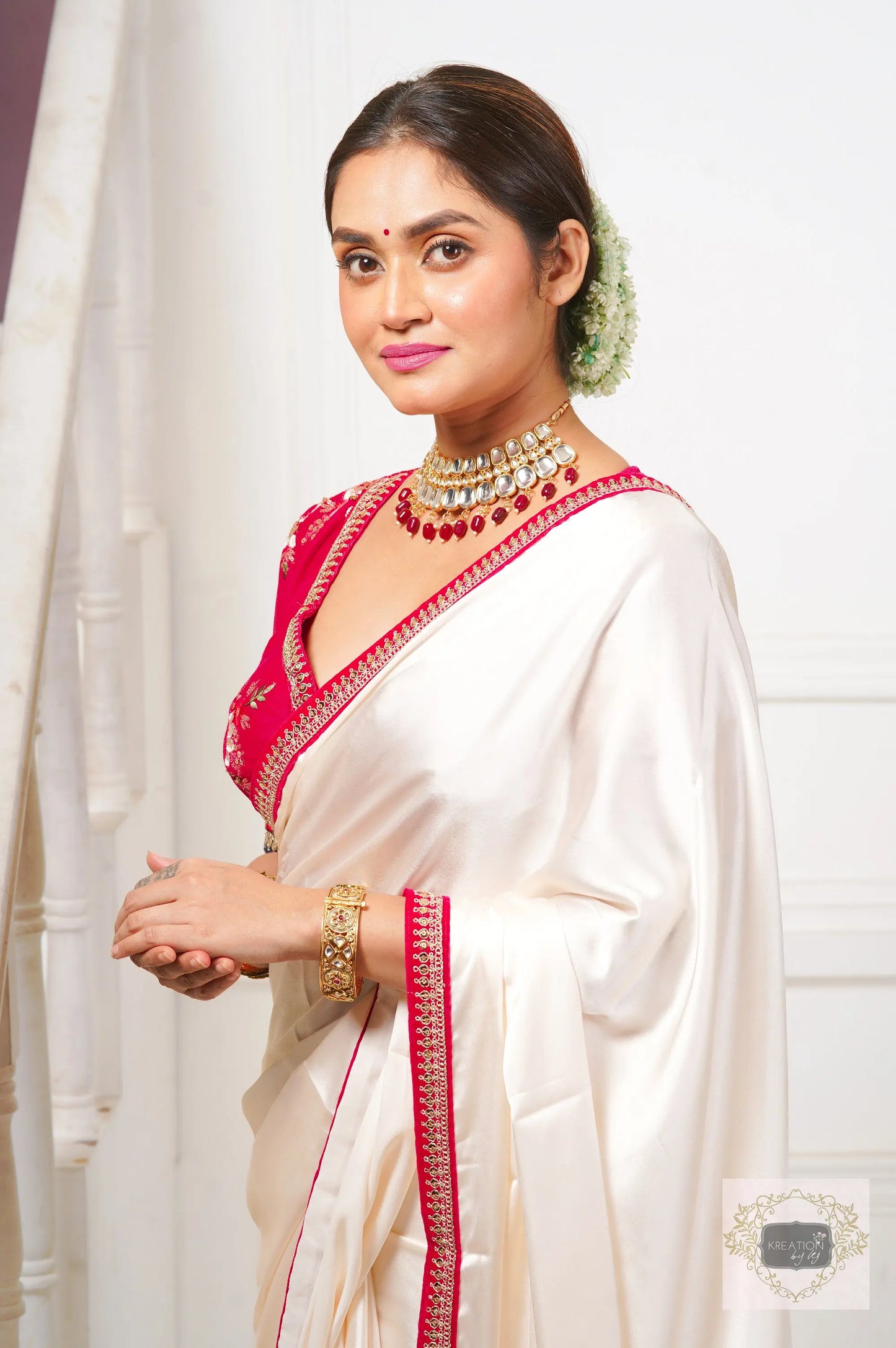 Doodhe Alta Satin Silk Saree with Border kreationbykj
