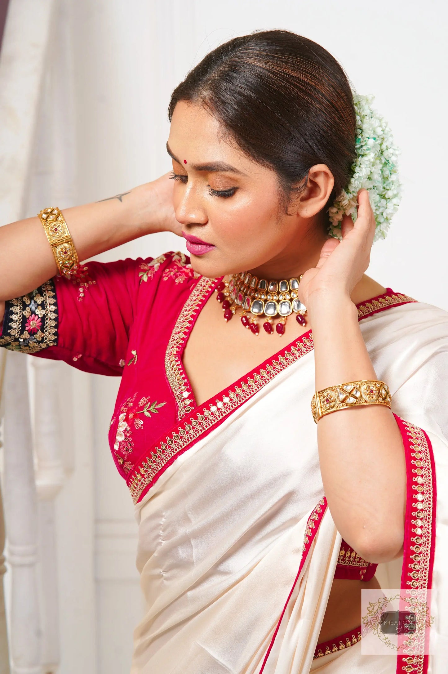 Doodhe Alta Satin Silk Saree with Border kreationbykj