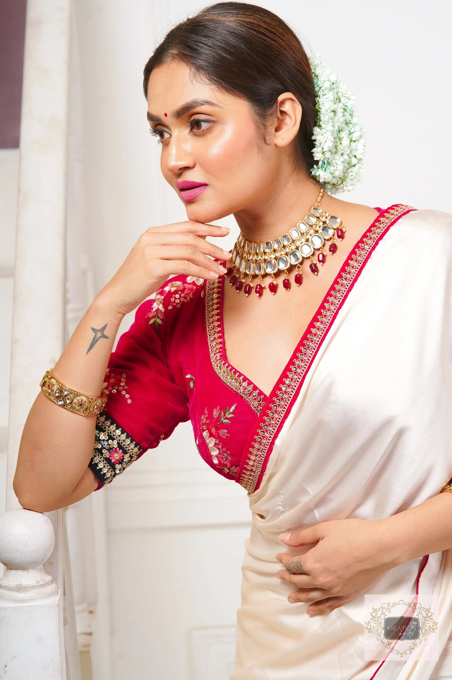 Doodhe Alta Satin Silk Saree with Border kreationbykj