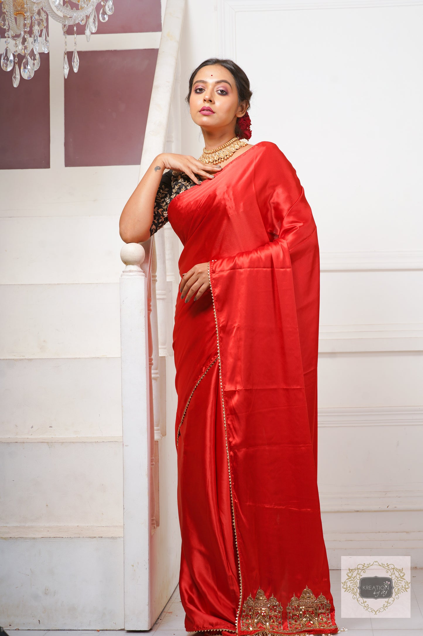 Red Satin Silk Taj Mahal Saree