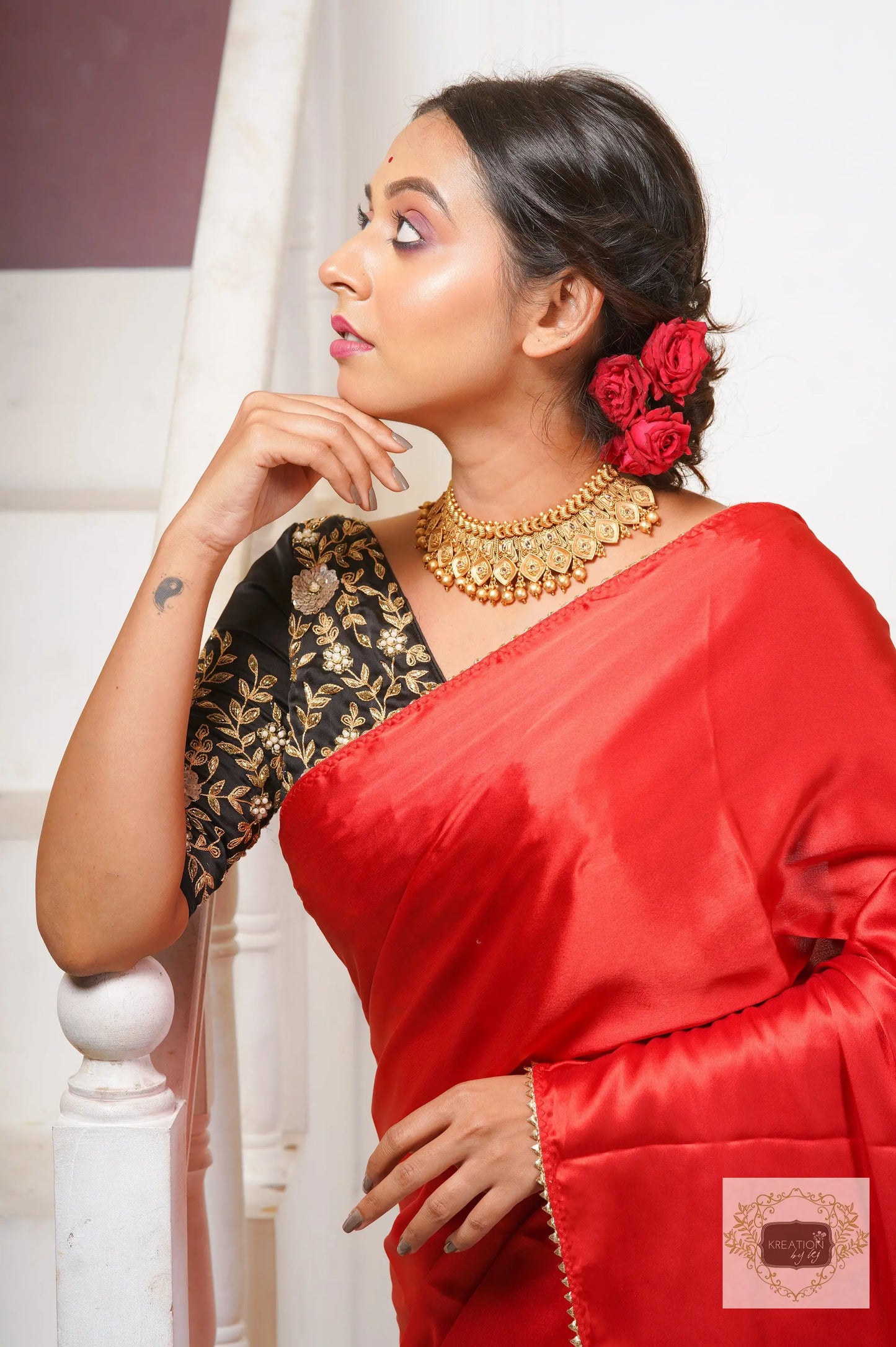 Red Satin Silk Taj Mahal Saree kreationbykj