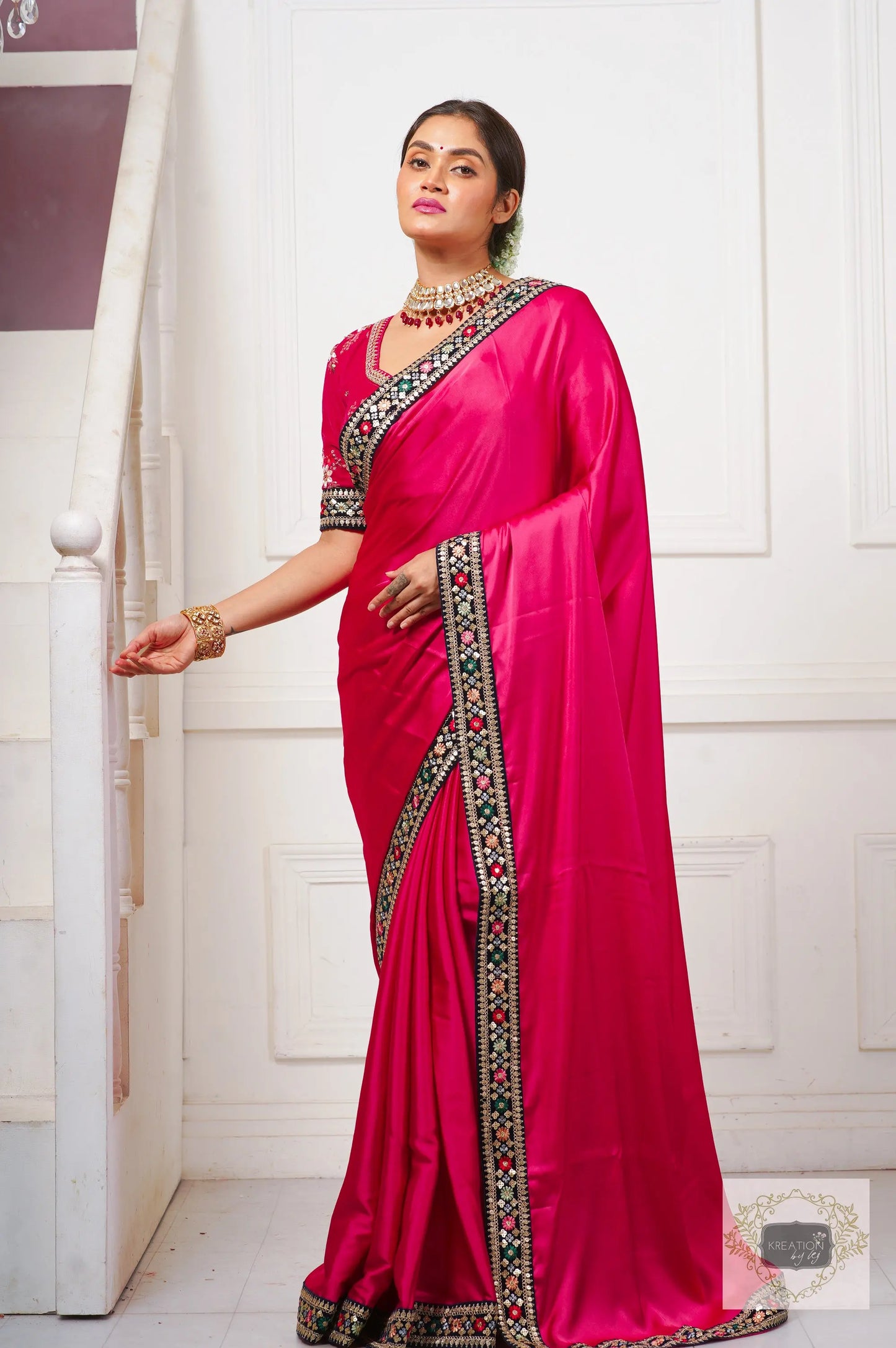 Rani Pink Satin Silk Saree with Border kreationbykj