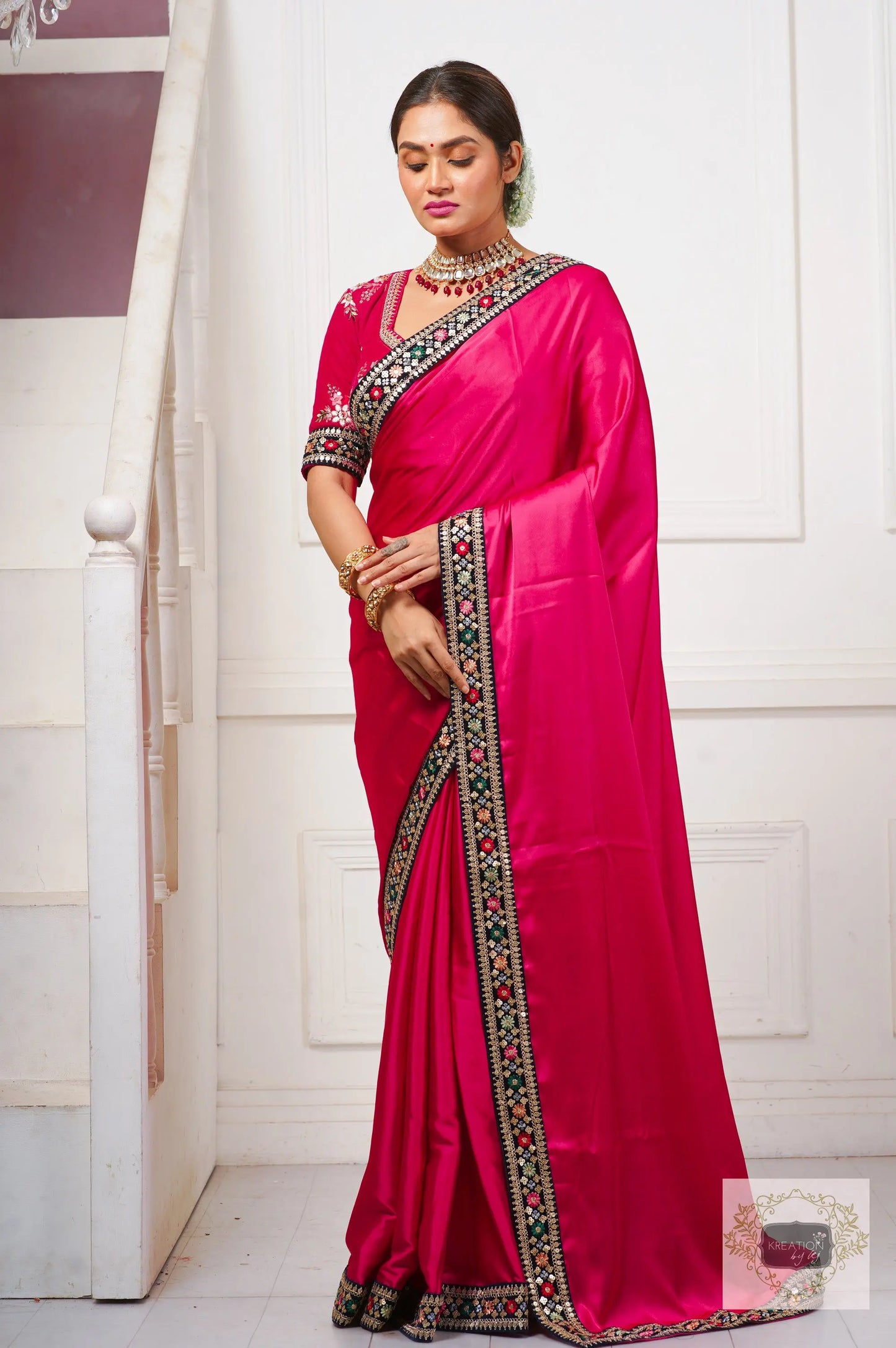 Rani Pink Satin Silk Saree with Border kreationbykj