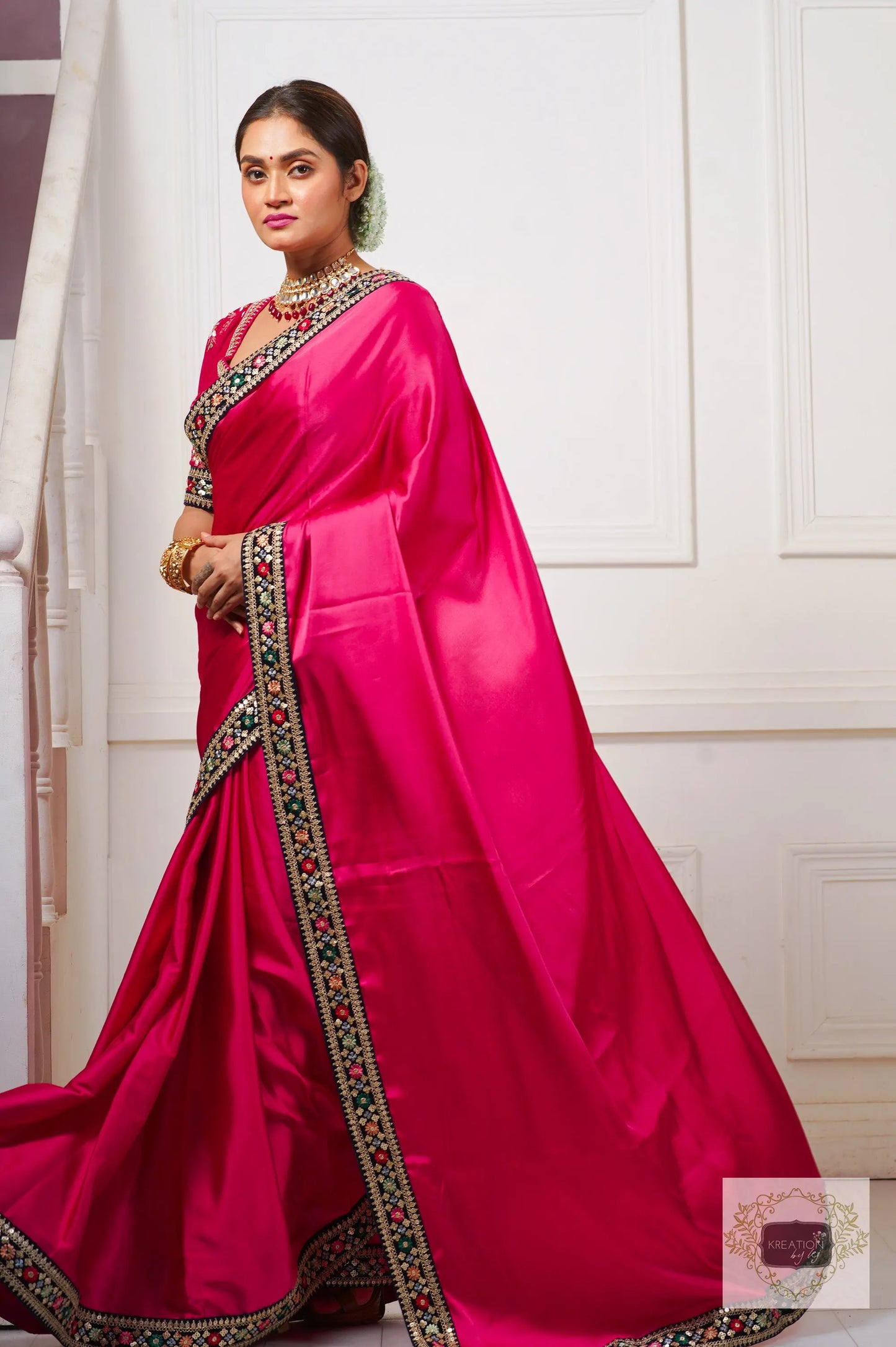Rani Pink Satin Silk Saree with Border kreationbykj