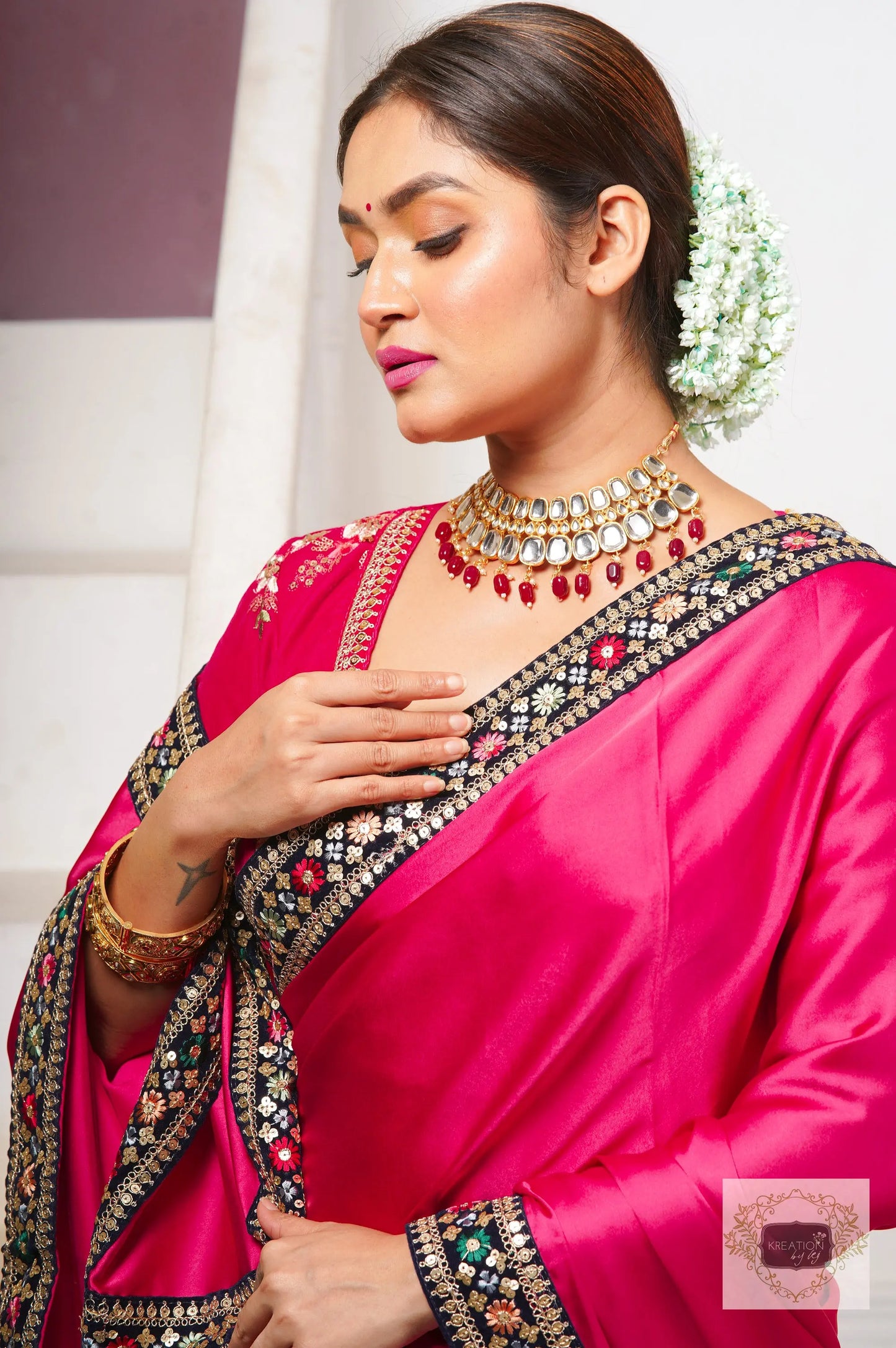 Rani Pink Satin Silk Saree with Border kreationbykj