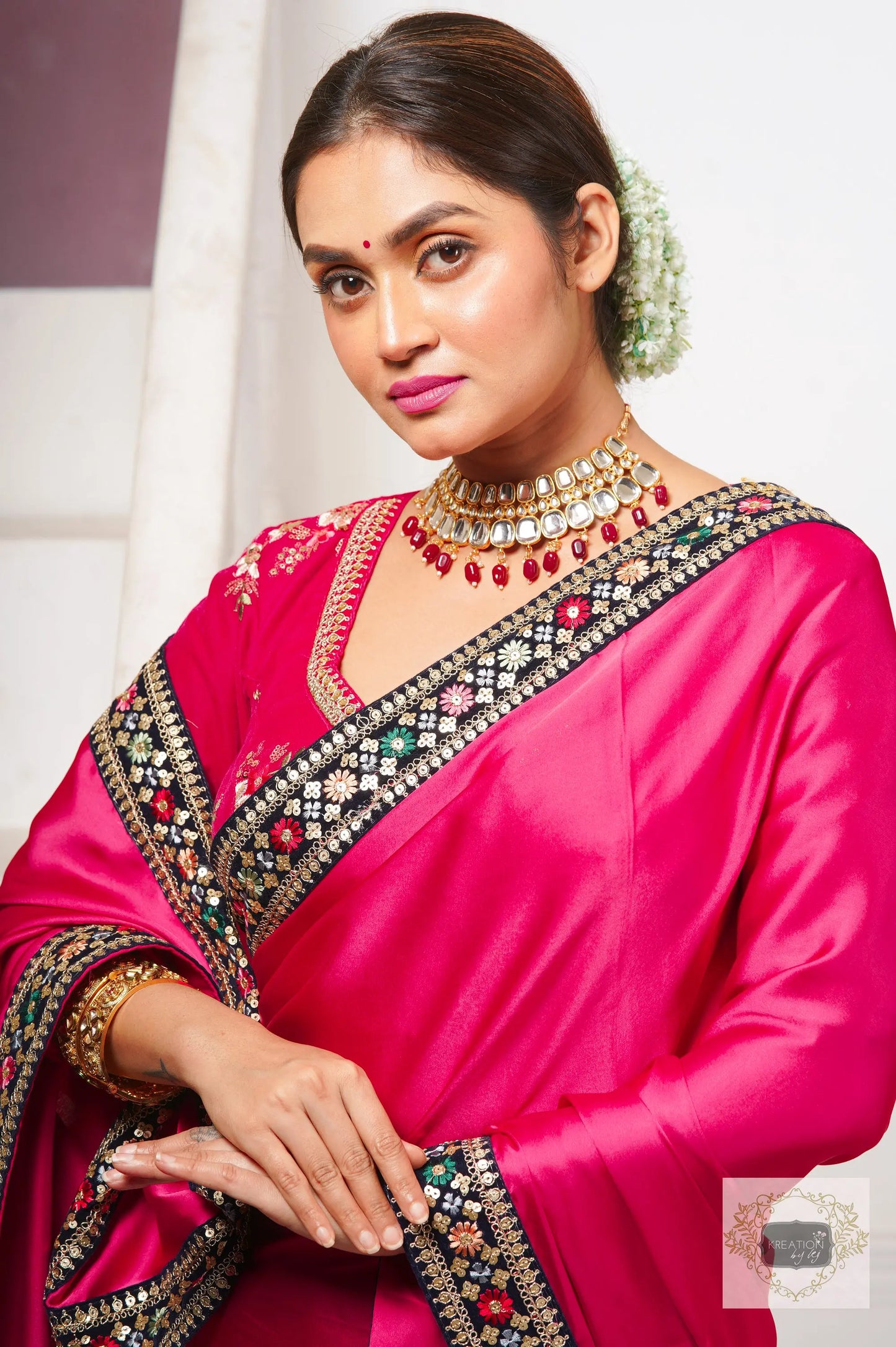 Rani Pink Satin Silk Saree with Border kreationbykj