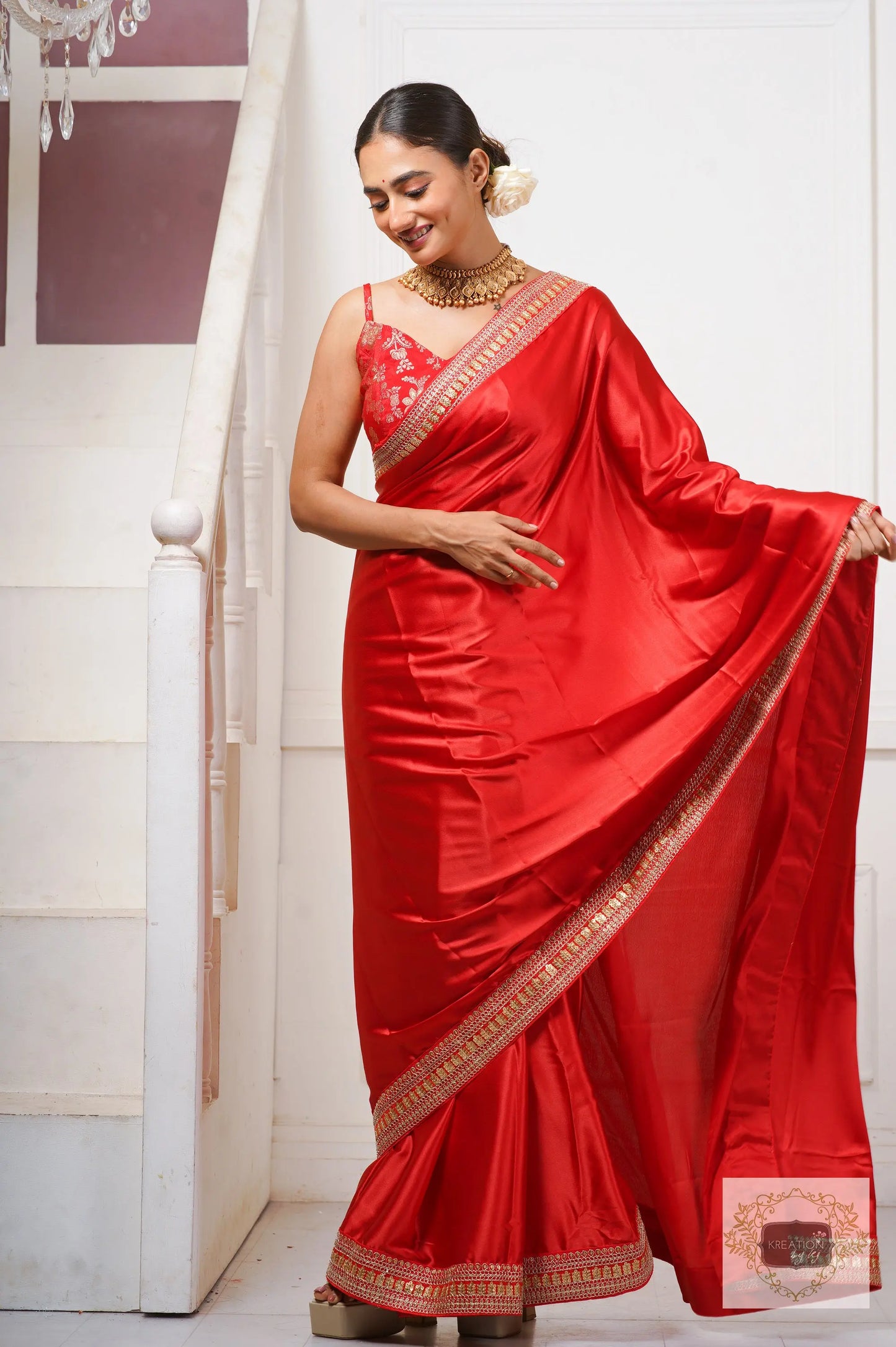 Surkh Laal Satin Silk Saree kreationbykj