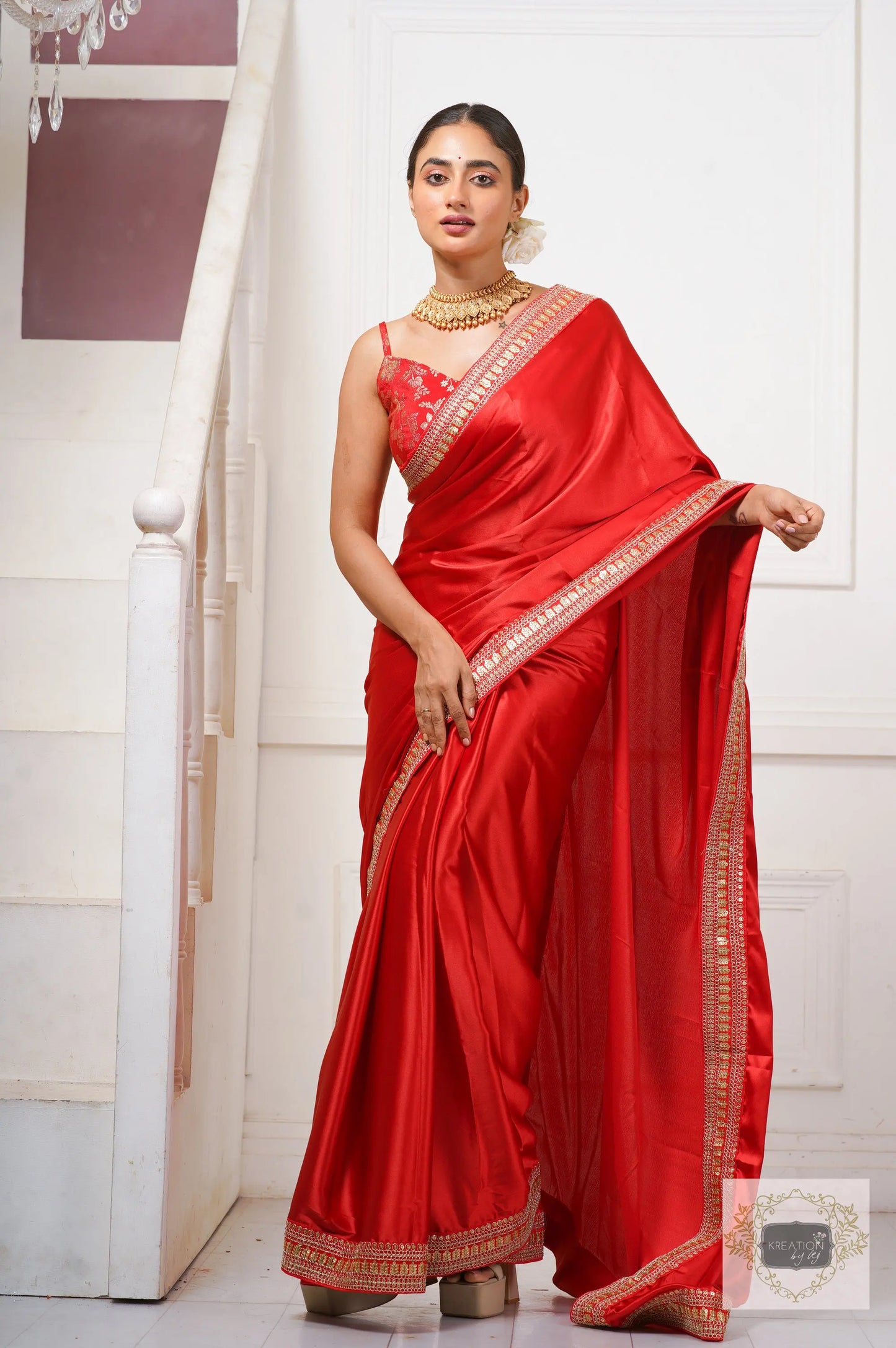 Surkh Laal Satin Silk Saree kreationbykj