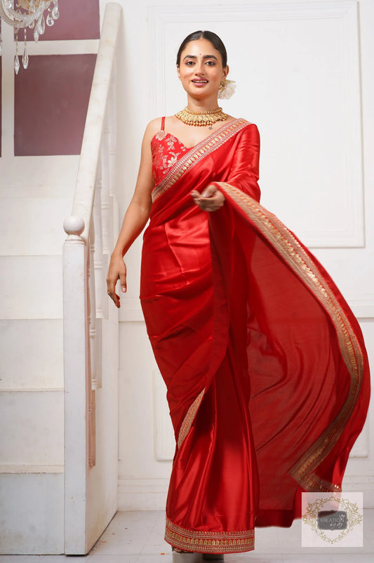 Surkh Laal Satin Silk Saree kreationbykj