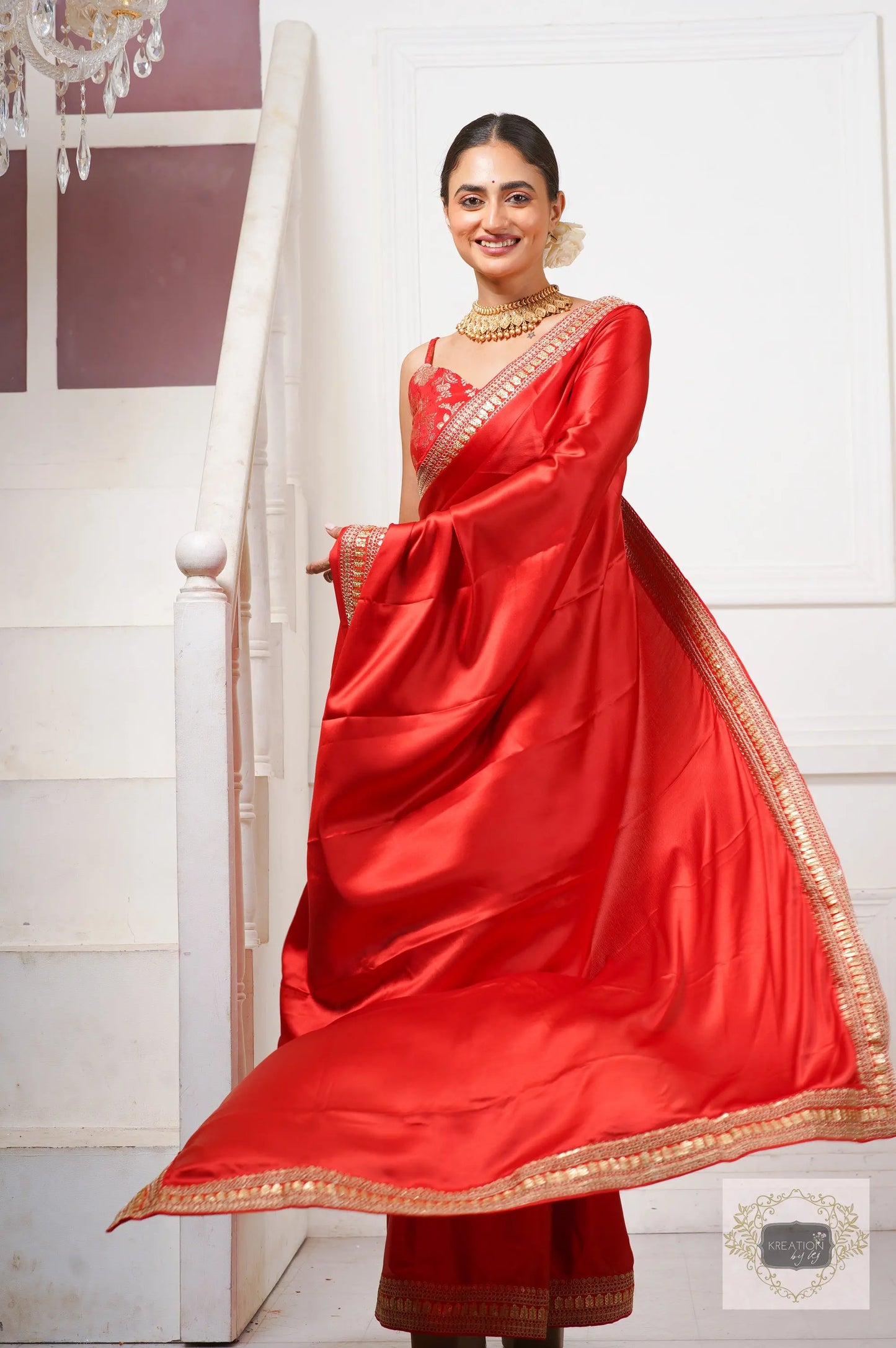 Surkh Laal Satin Silk Saree kreationbykj