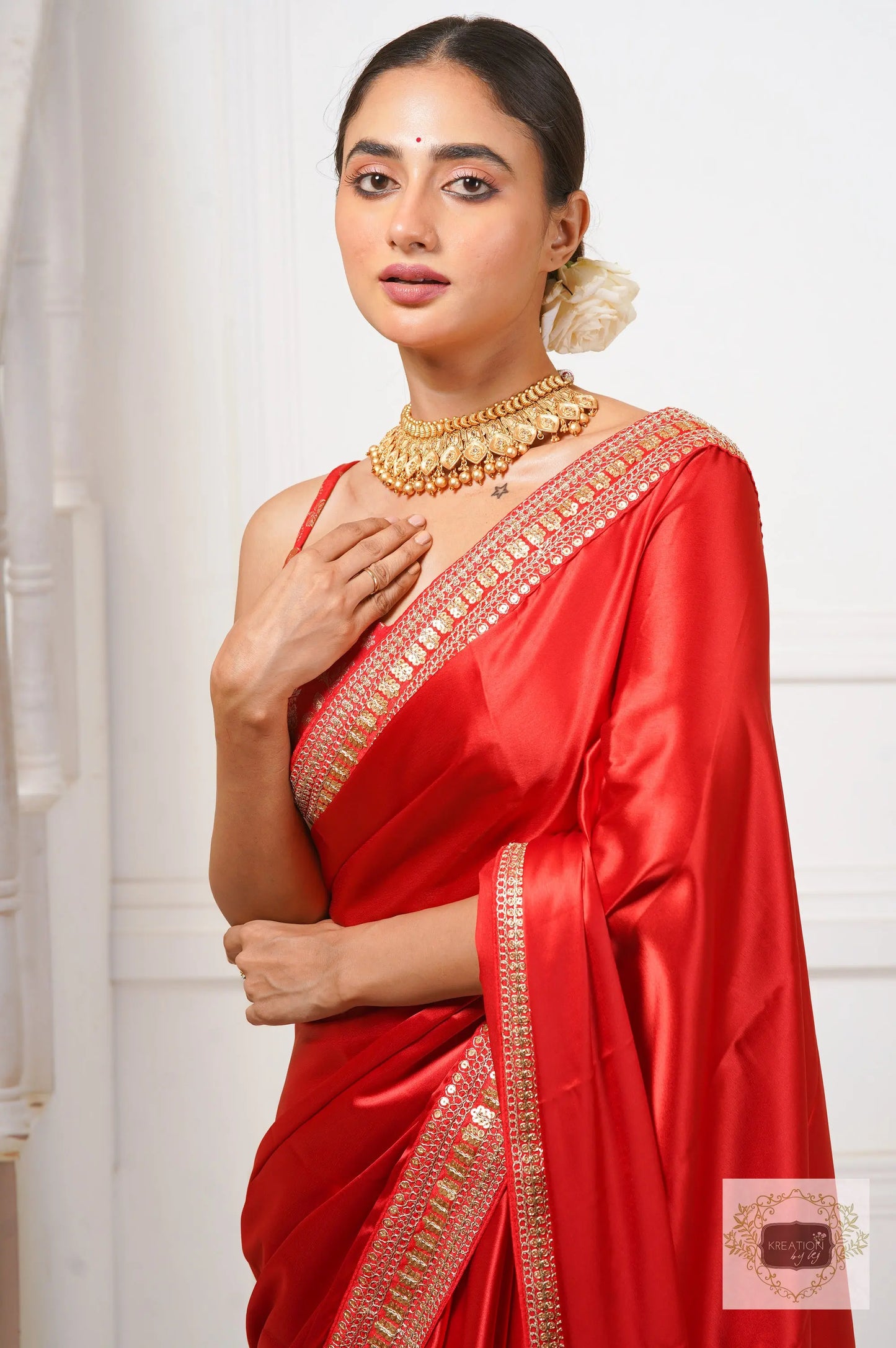 Surkh Laal Satin Silk Saree kreationbykj