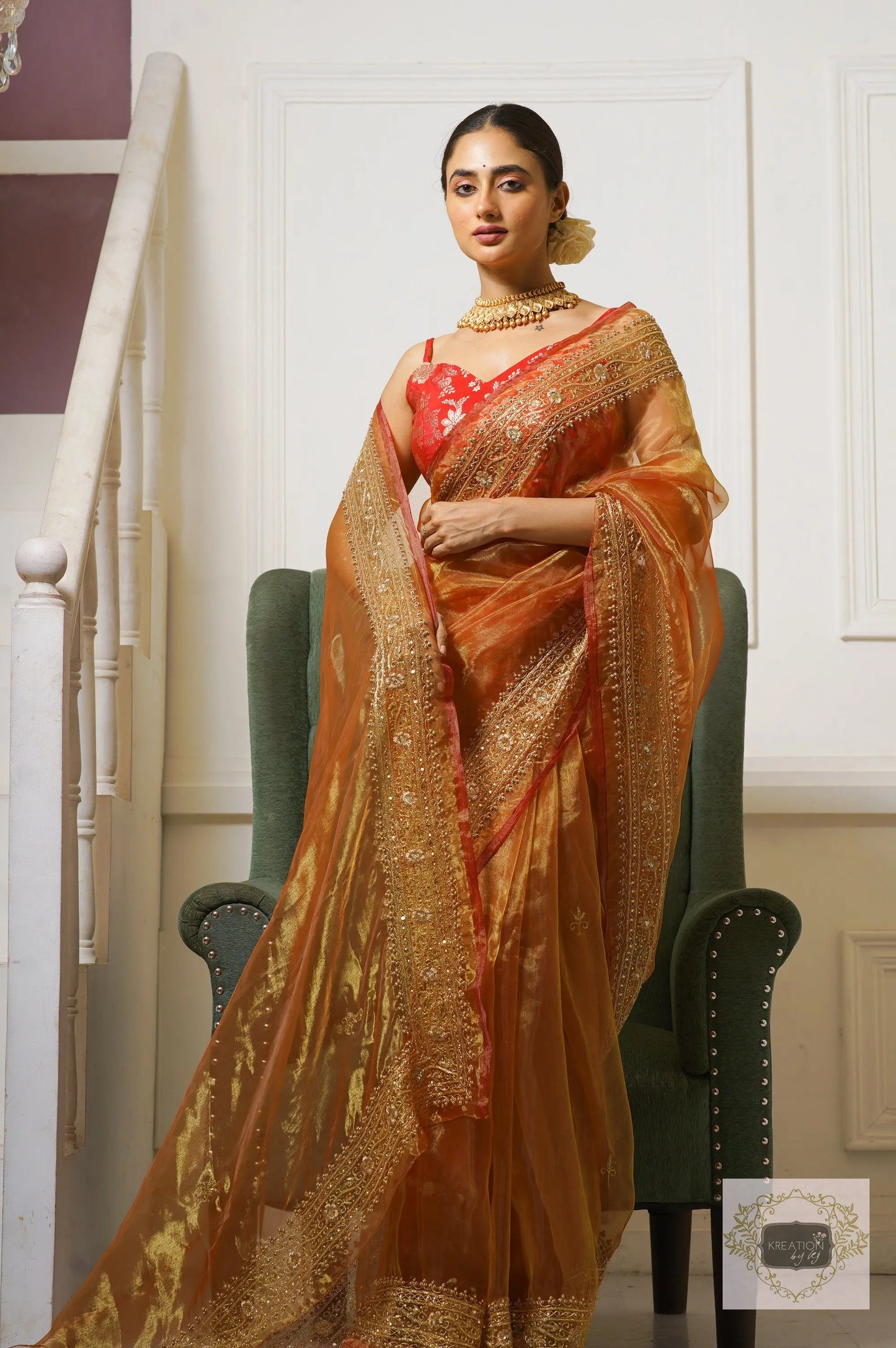 Liquid Gold Glass Tissue Zarina Saree kreationbykj