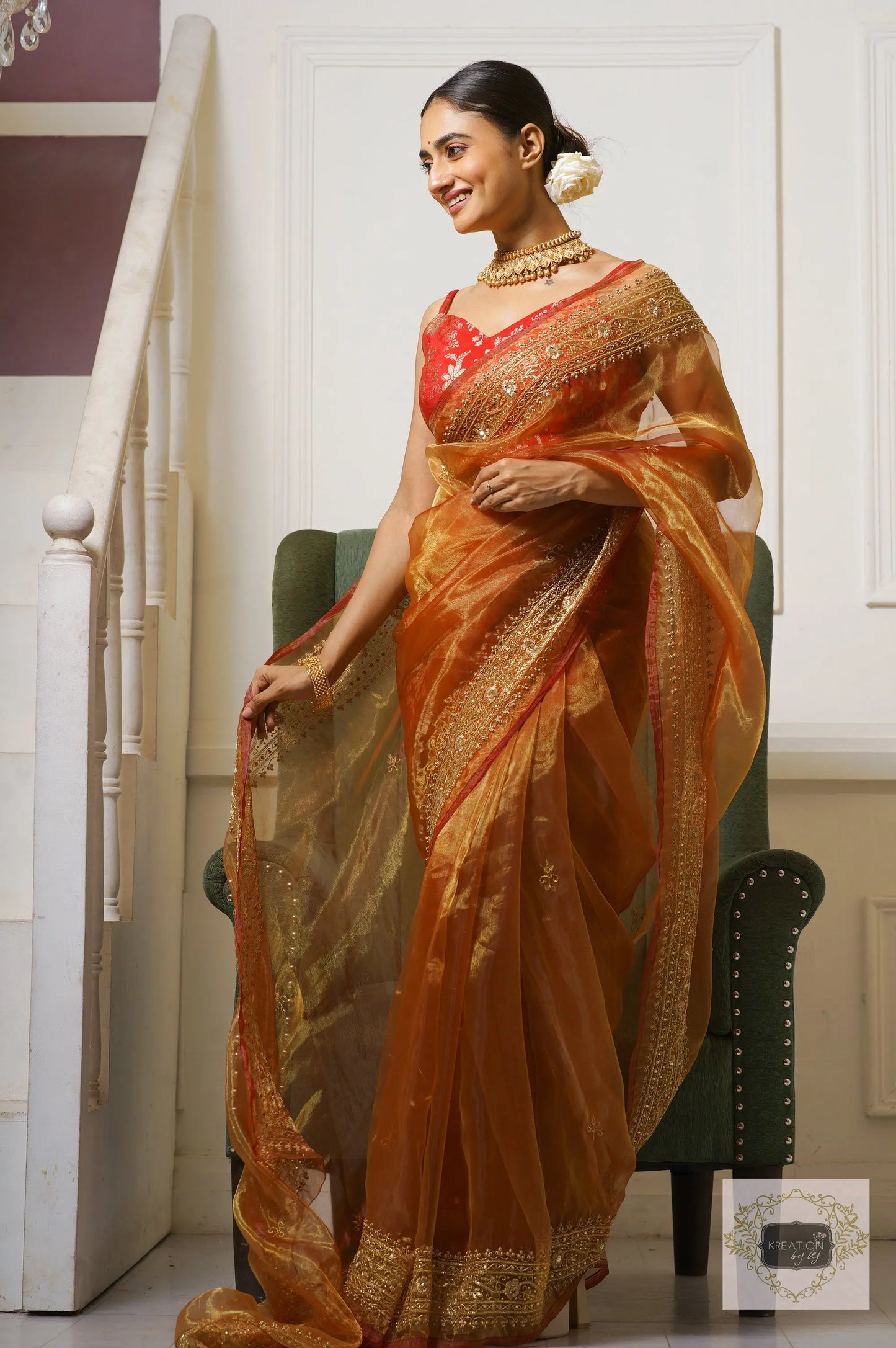 Liquid Gold Glass Tissue Zarina Saree kreationbykj