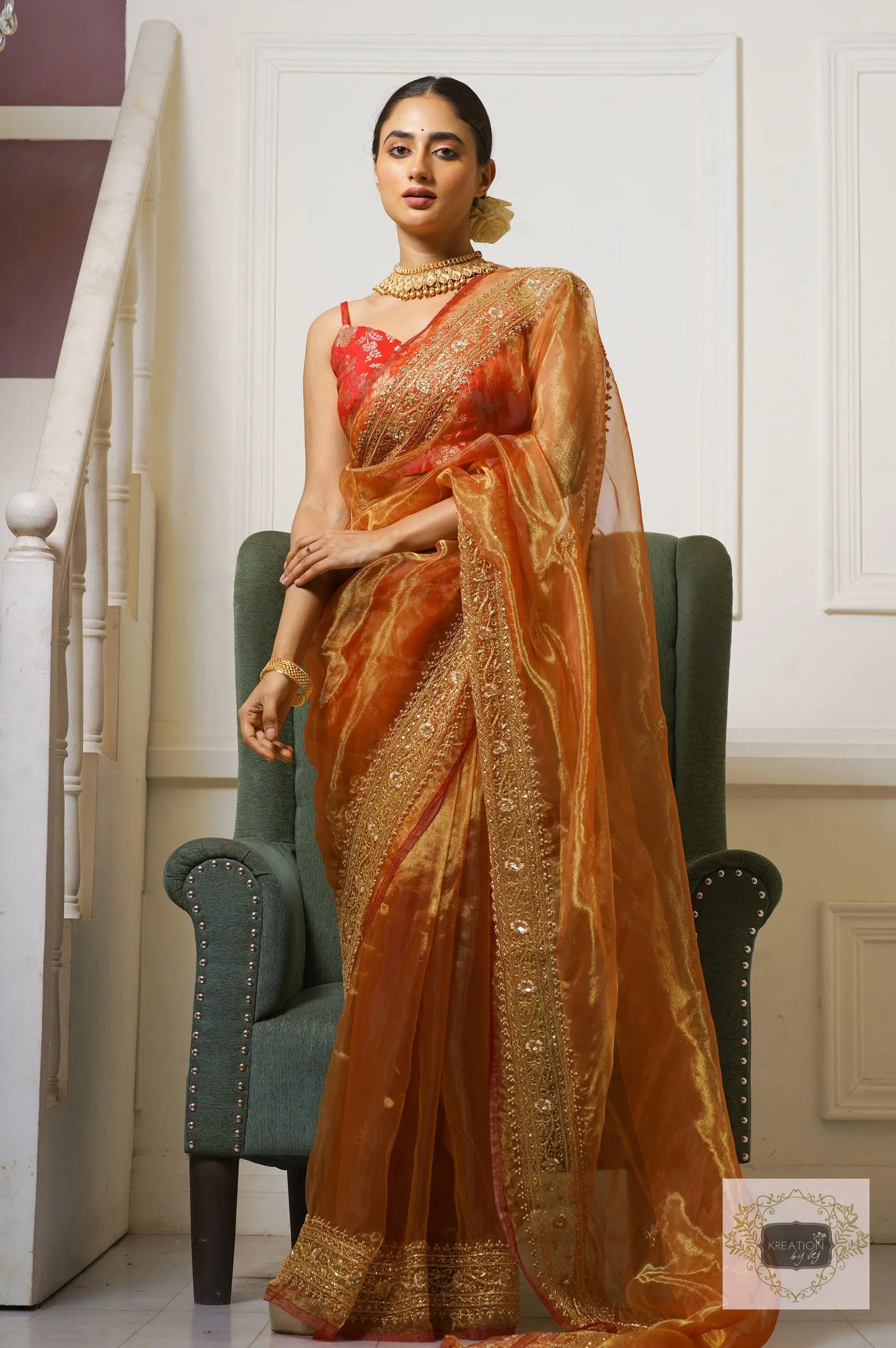 Liquid Gold Glass Tissue Zarina Saree kreationbykj