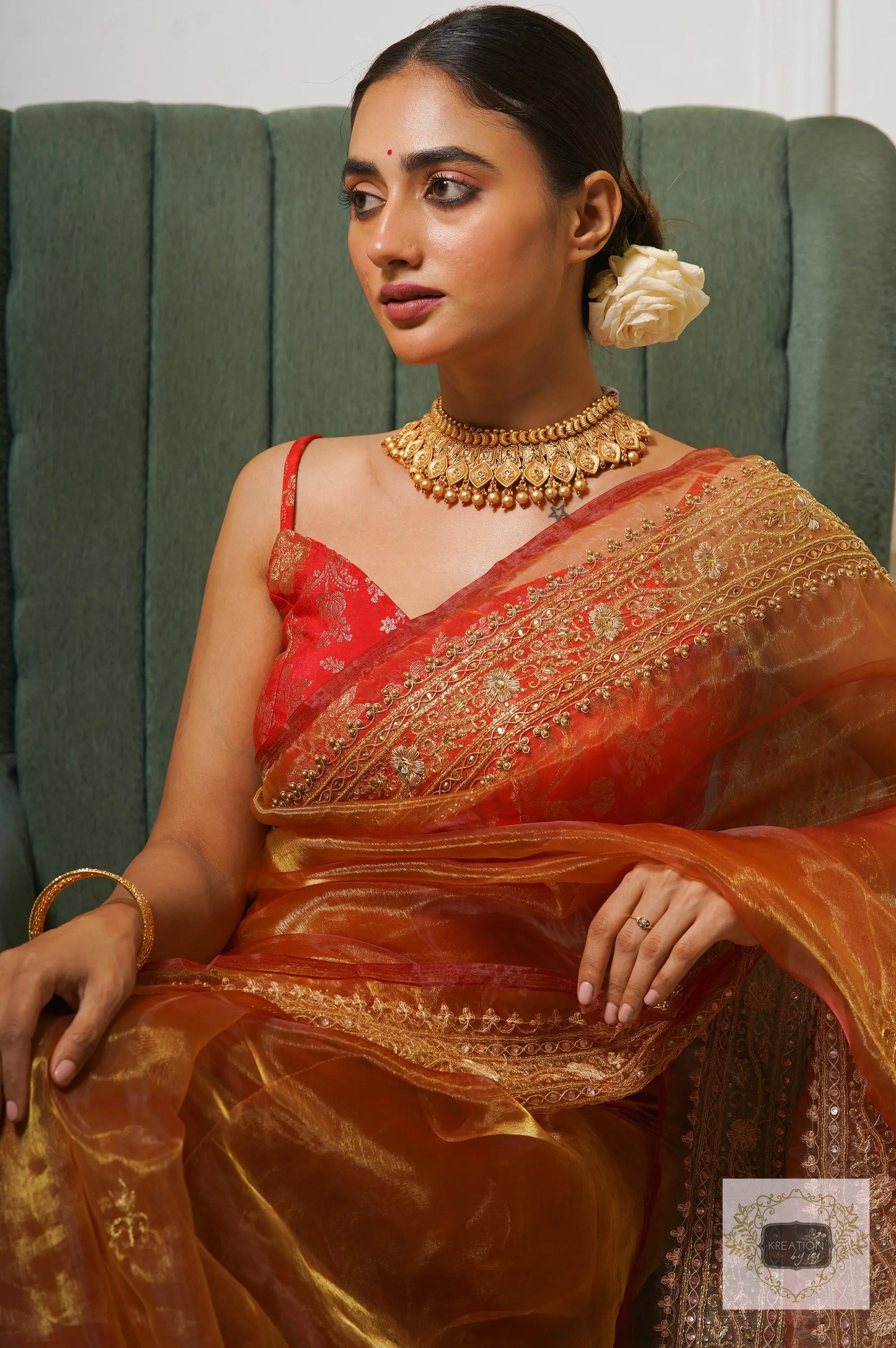 Liquid Gold Glass Tissue Zarina Saree kreationbykj