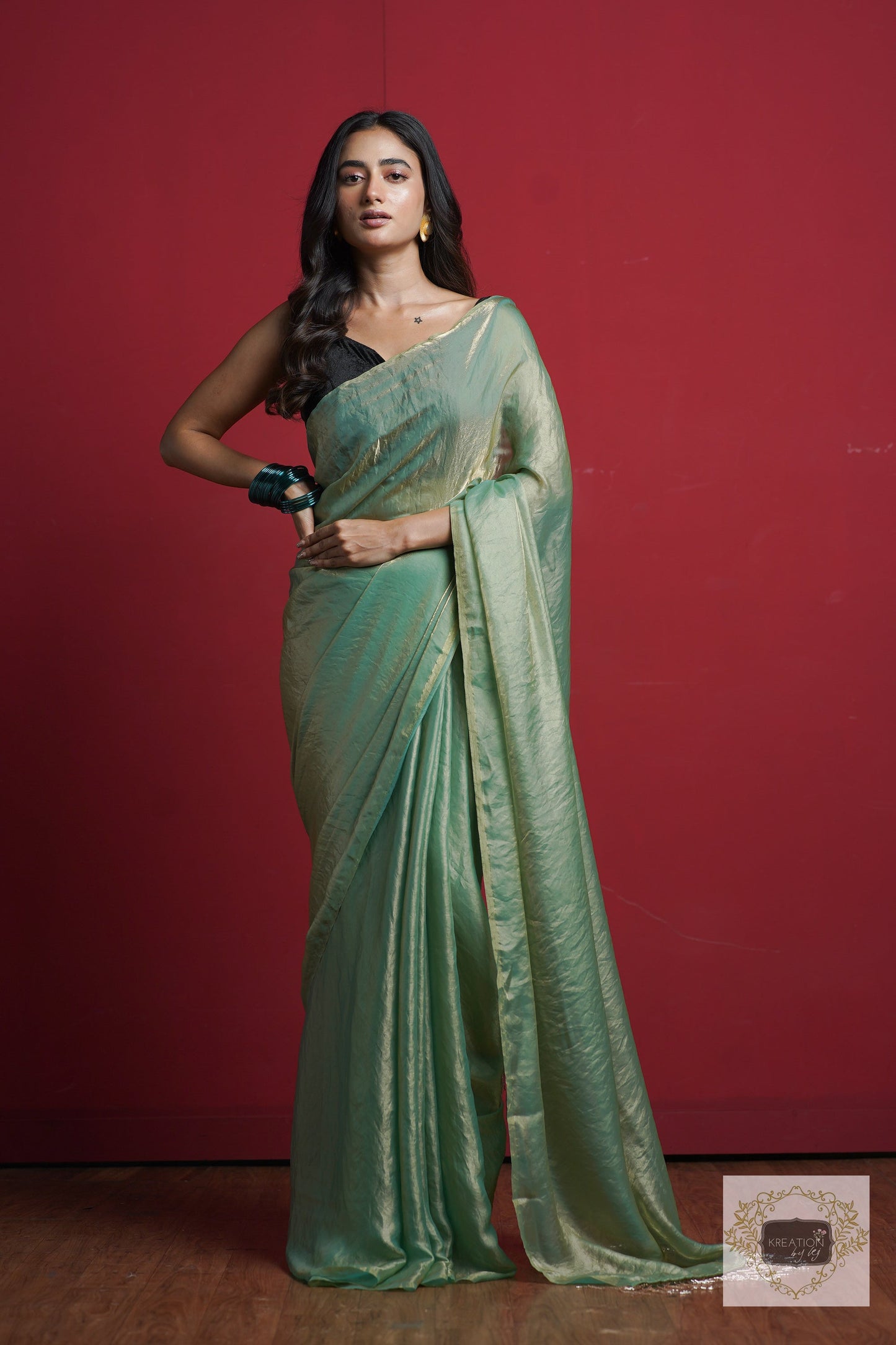 Pastel Green Metallic Shimmer Satin Saree kreationbykj