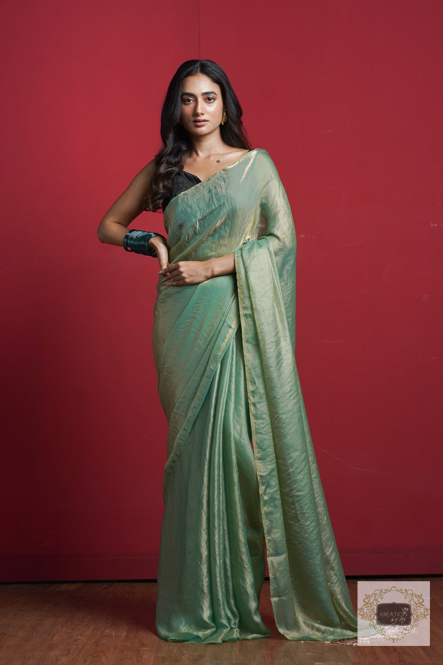 Pastel Green Metallic Shimmer Satin Saree kreationbykj