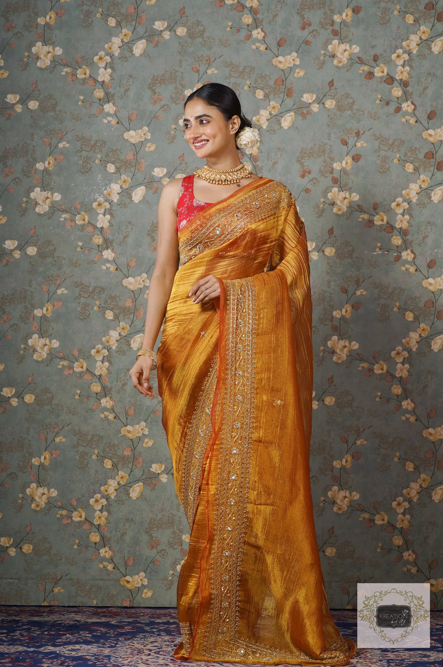 Fiery Gold Zari Tissue Zarina Saree kreationbykj