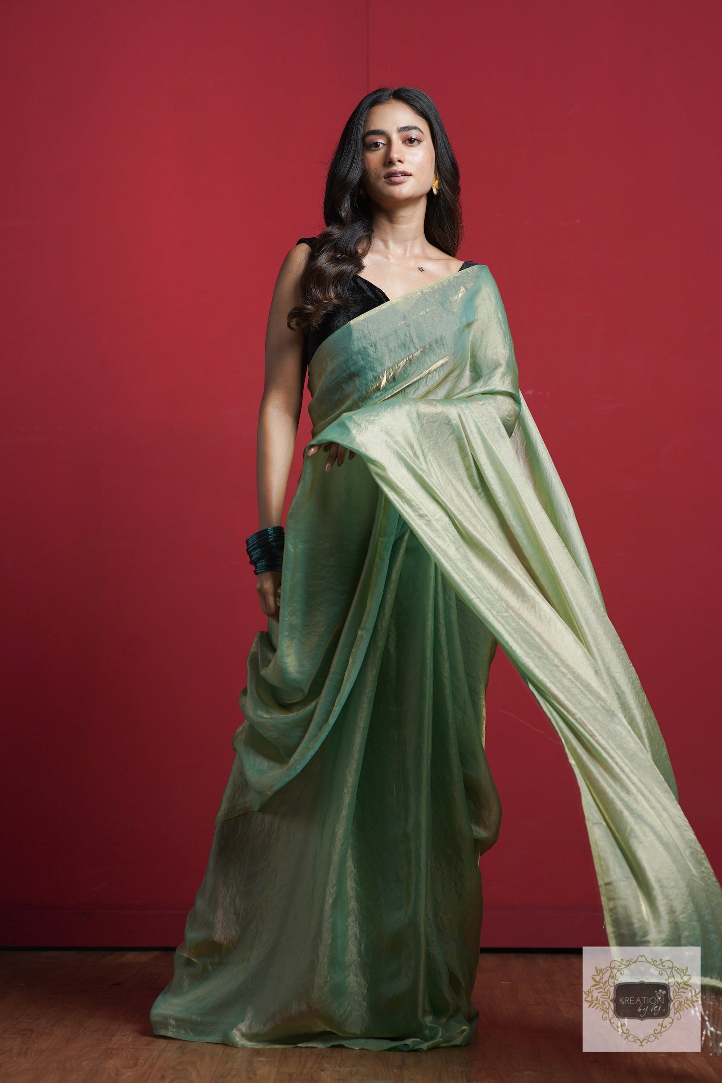 Pastel Green Metallic Shimmer Satin Saree kreationbykj
