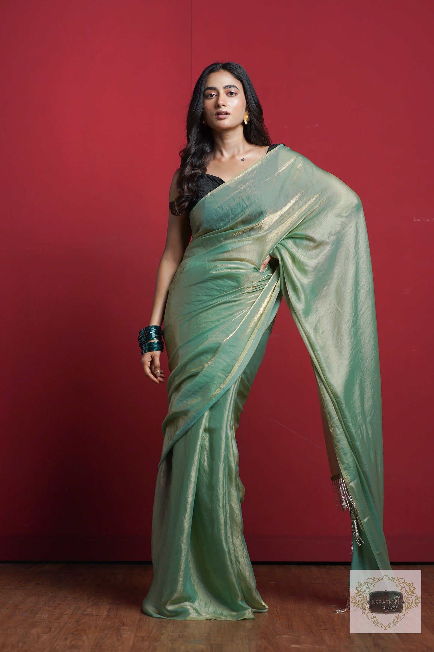 Pastel Green Metallic Shimmer Satin Saree kreationbykj