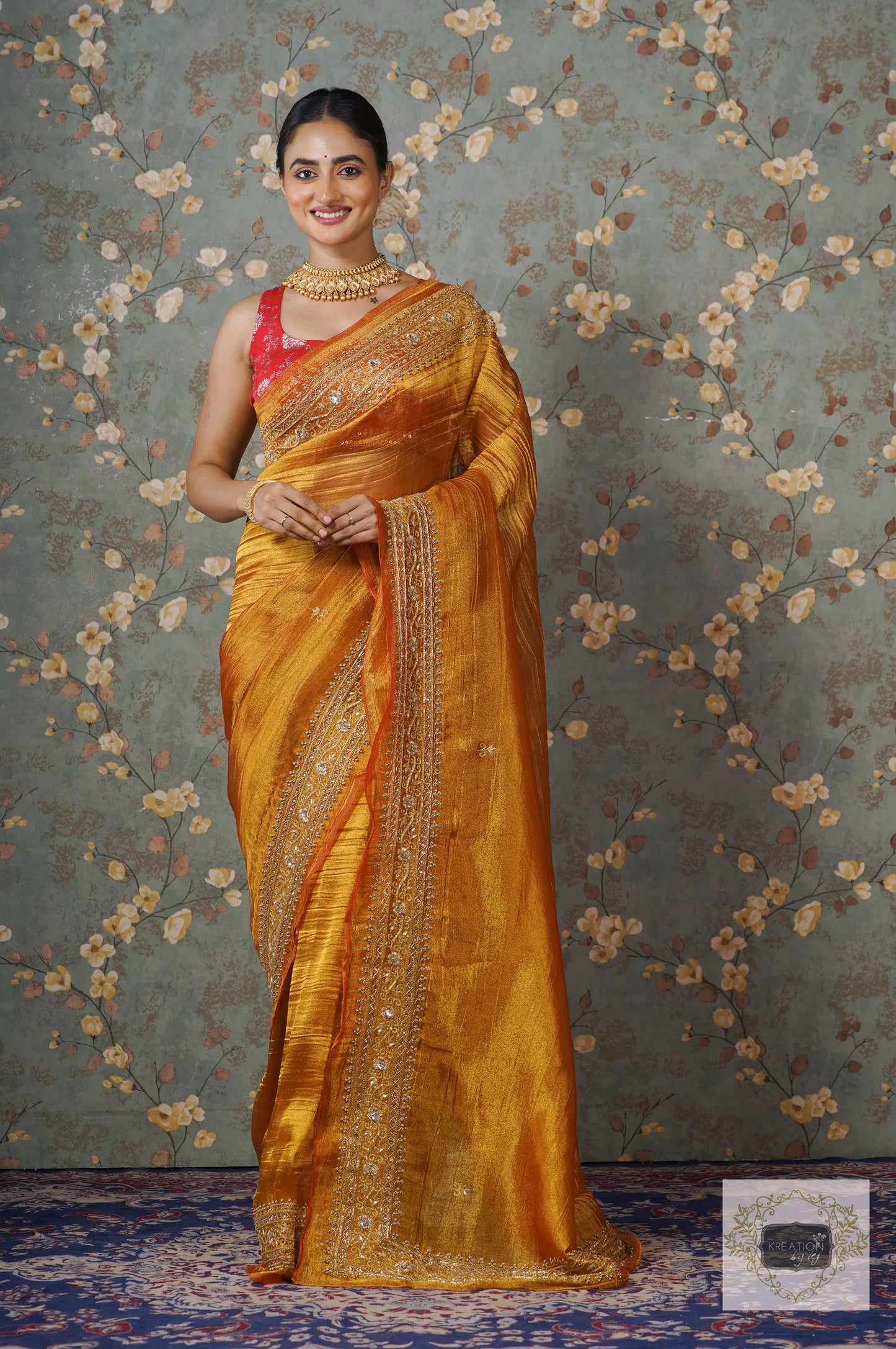 Fiery Gold Zari Tissue Zarina Saree kreationbykj