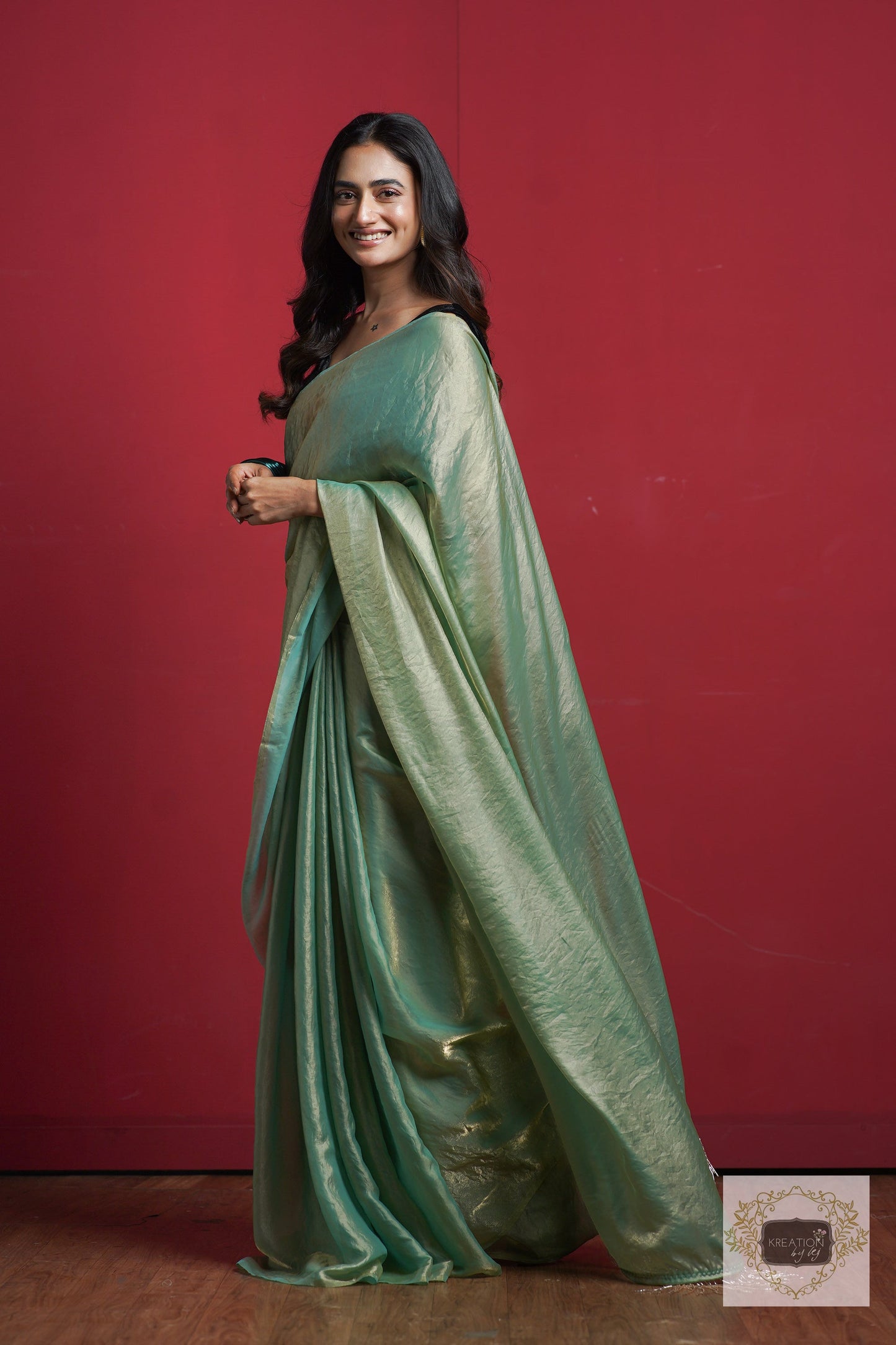 Pastel Green Metallic Shimmer Satin Saree kreationbykj