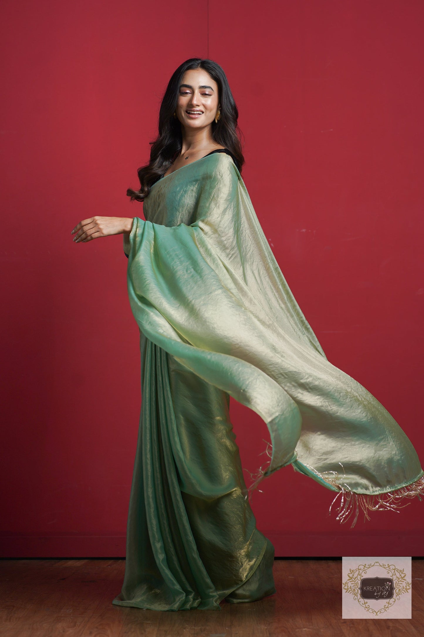 Pastel Green Metallic Shimmer Satin Saree kreationbykj