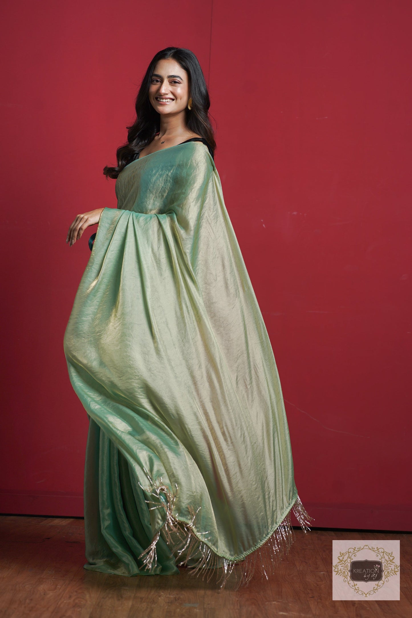 Pastel Green Metallic Shimmer Satin Saree kreationbykj