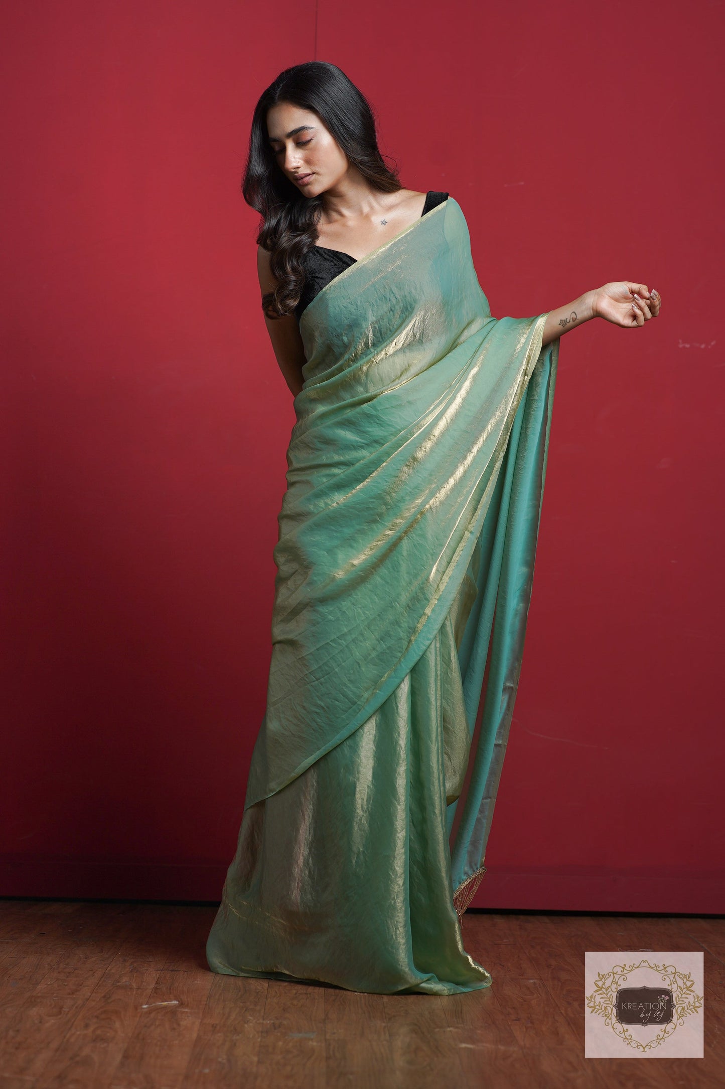Pastel Green Metallic Shimmer Satin Saree kreationbykj