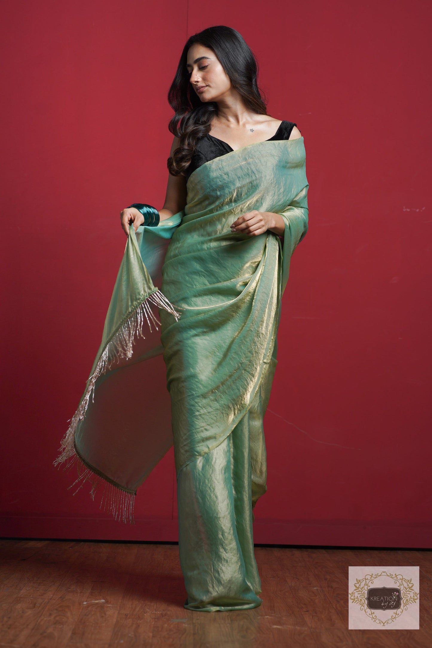 Pastel Green Metallic Shimmer Satin Saree kreationbykj