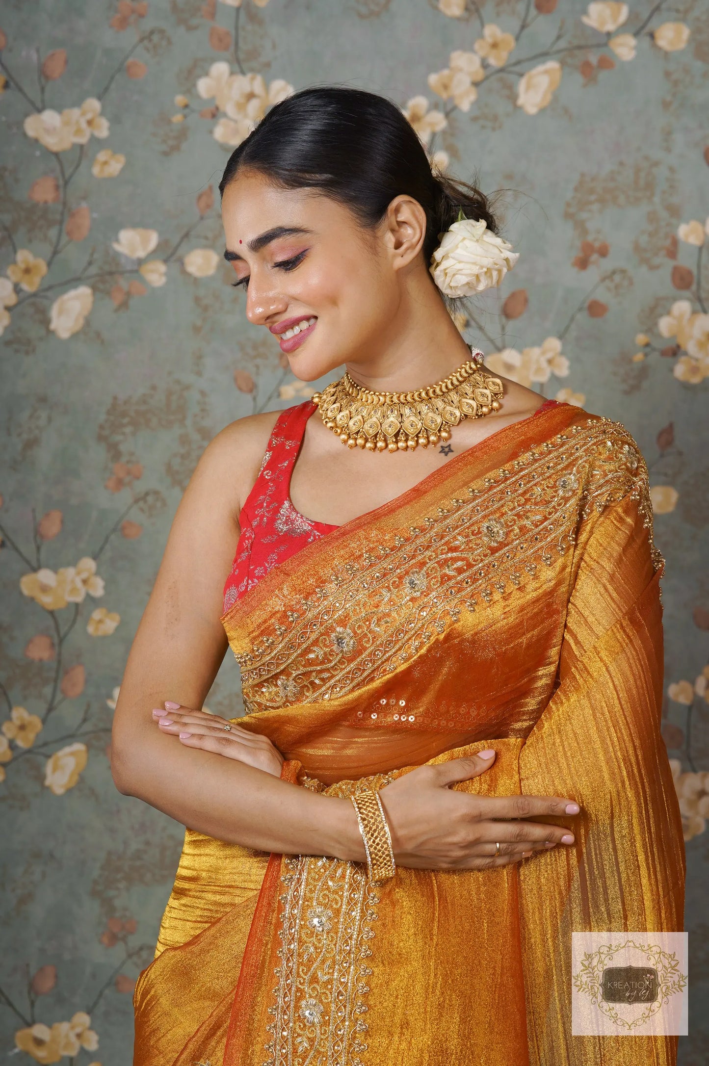Fiery Gold Zari Tissue Zarina Saree kreationbykj