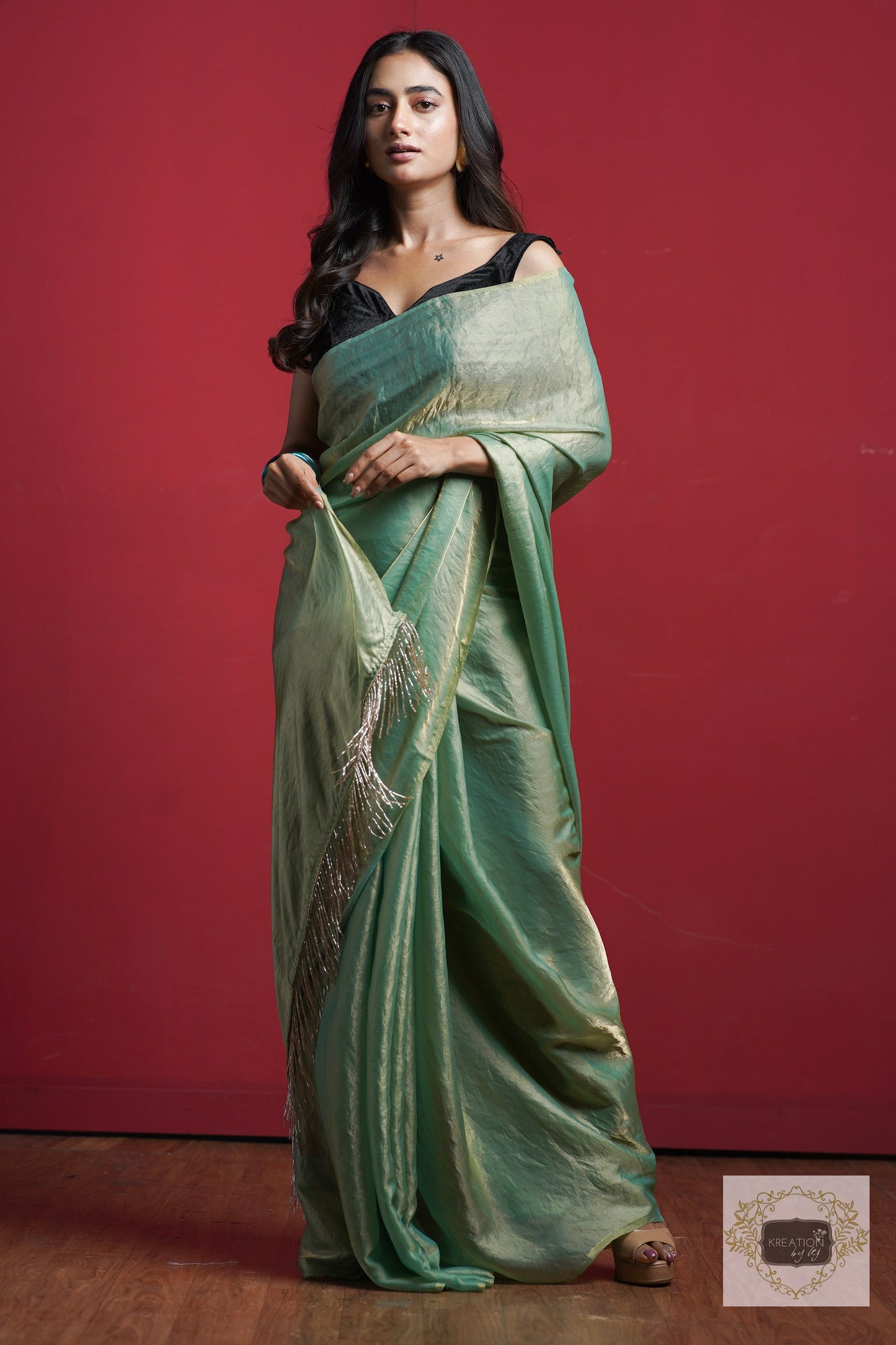 Pastel Green Metallic Shimmer Satin Saree kreationbykj