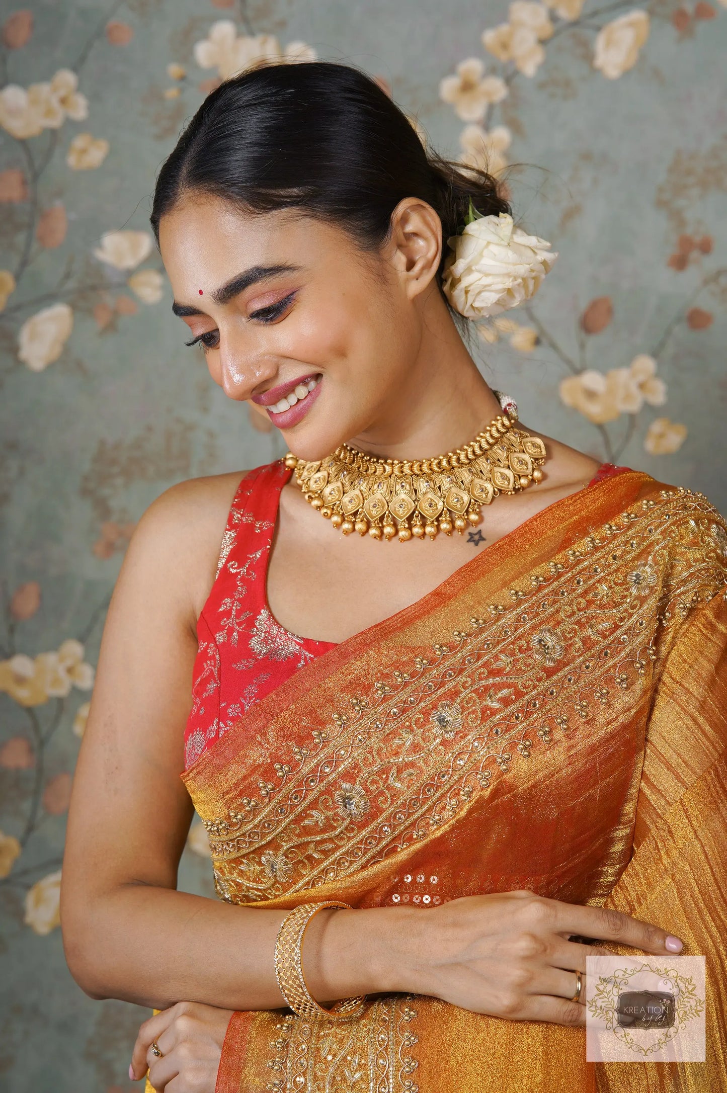 Fiery Gold Zari Tissue Zarina Saree kreationbykj