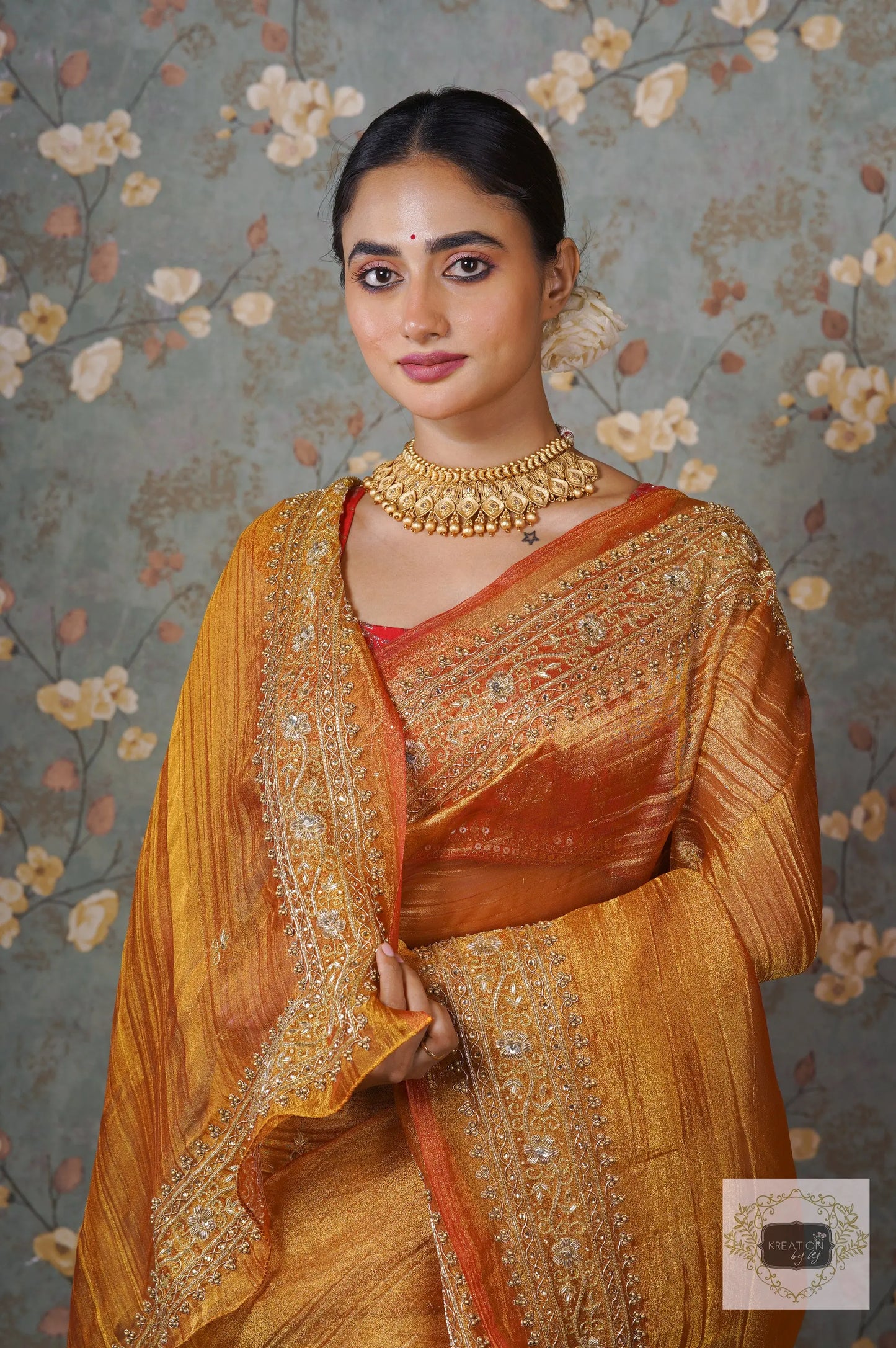 Fiery Gold Zari Tissue Zarina Saree kreationbykj
